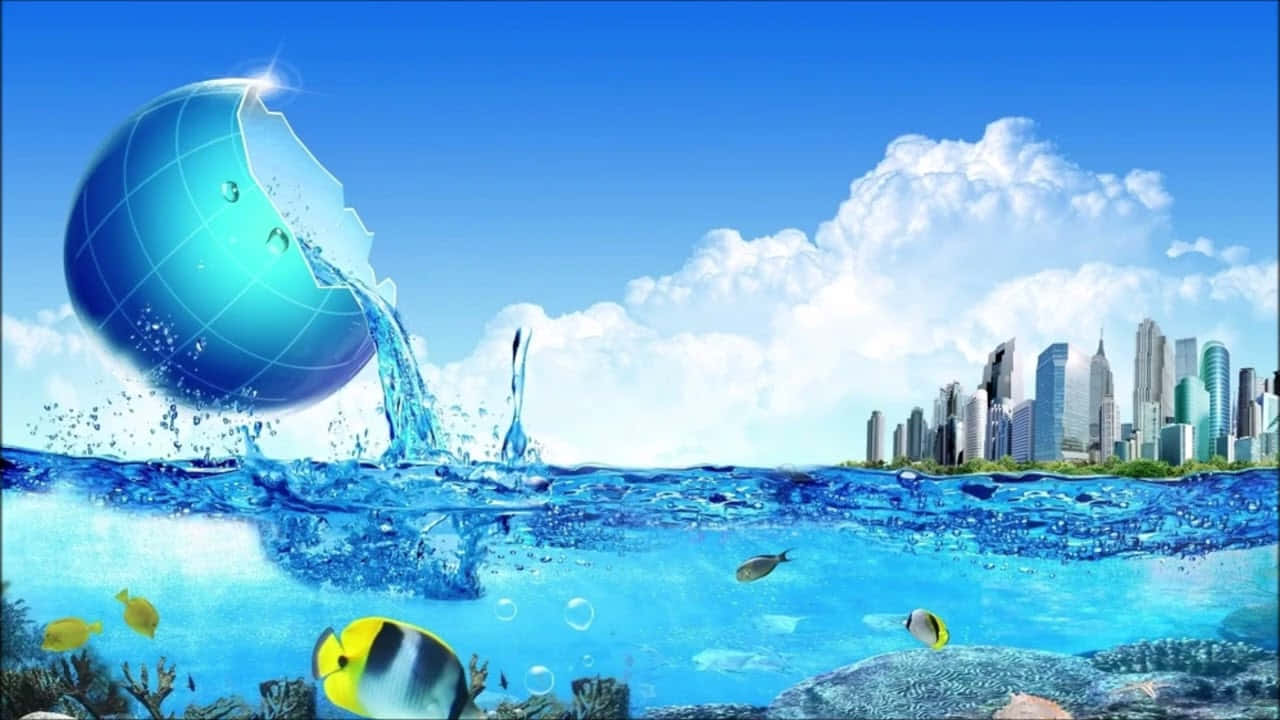  壁紙 — 一個破碎的藍色地球儀將水倒入一個充滿魚類的 vibrant 海洋，下方是現代城市天際線。