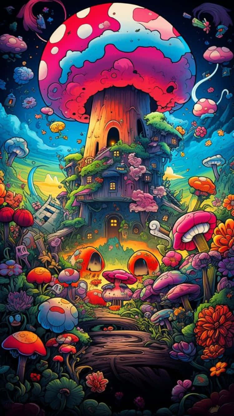  壁紙 — 一個奇幻場景，描繪了一座巨大的蘑菇屋，在星空下散發著溫暖的光芒，周圍環繞著色彩繽紛的巨大蘑菇和花朵。