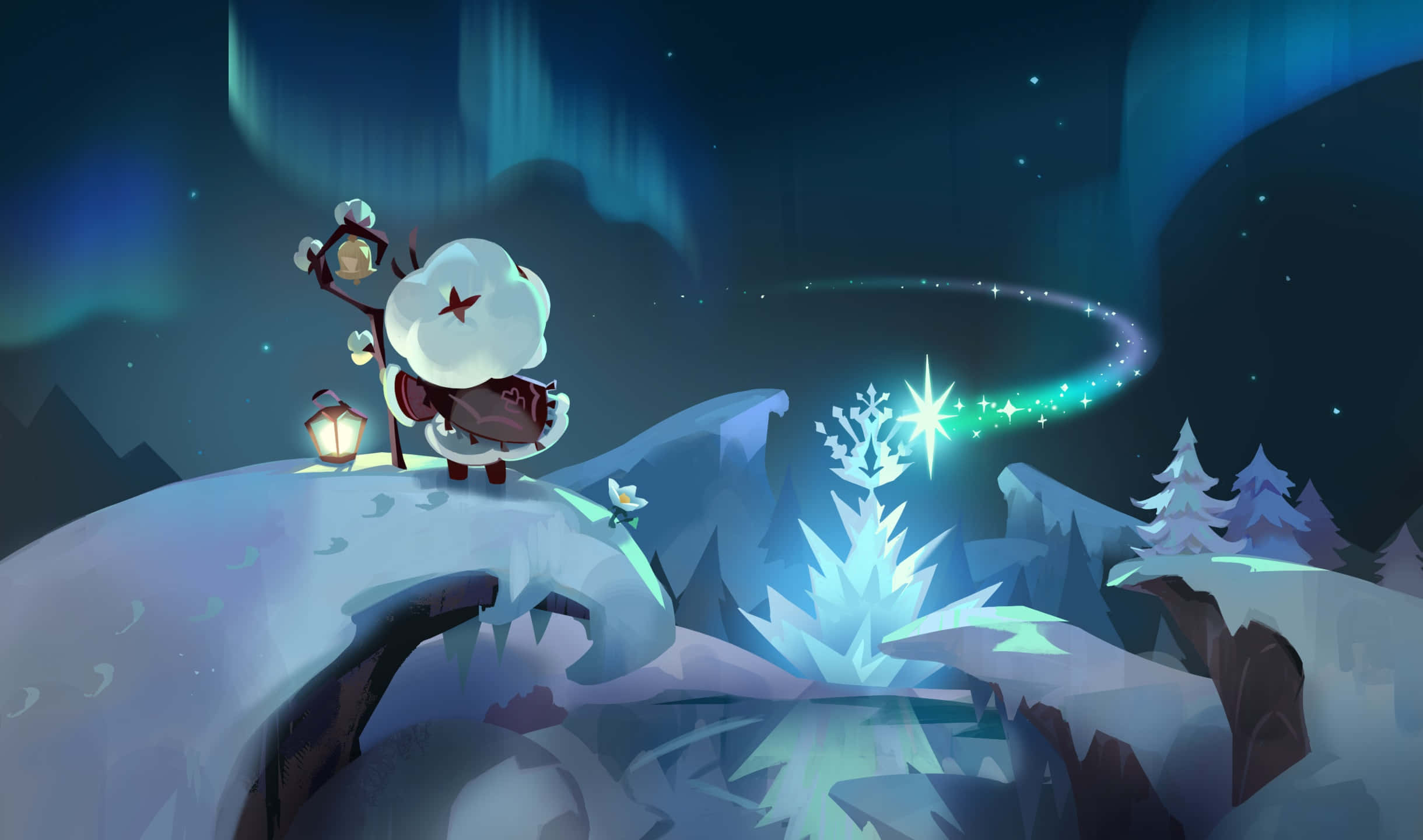 雪人提燈籠在雪崖上，北極光和星空下 — 3440X1440 壁紙