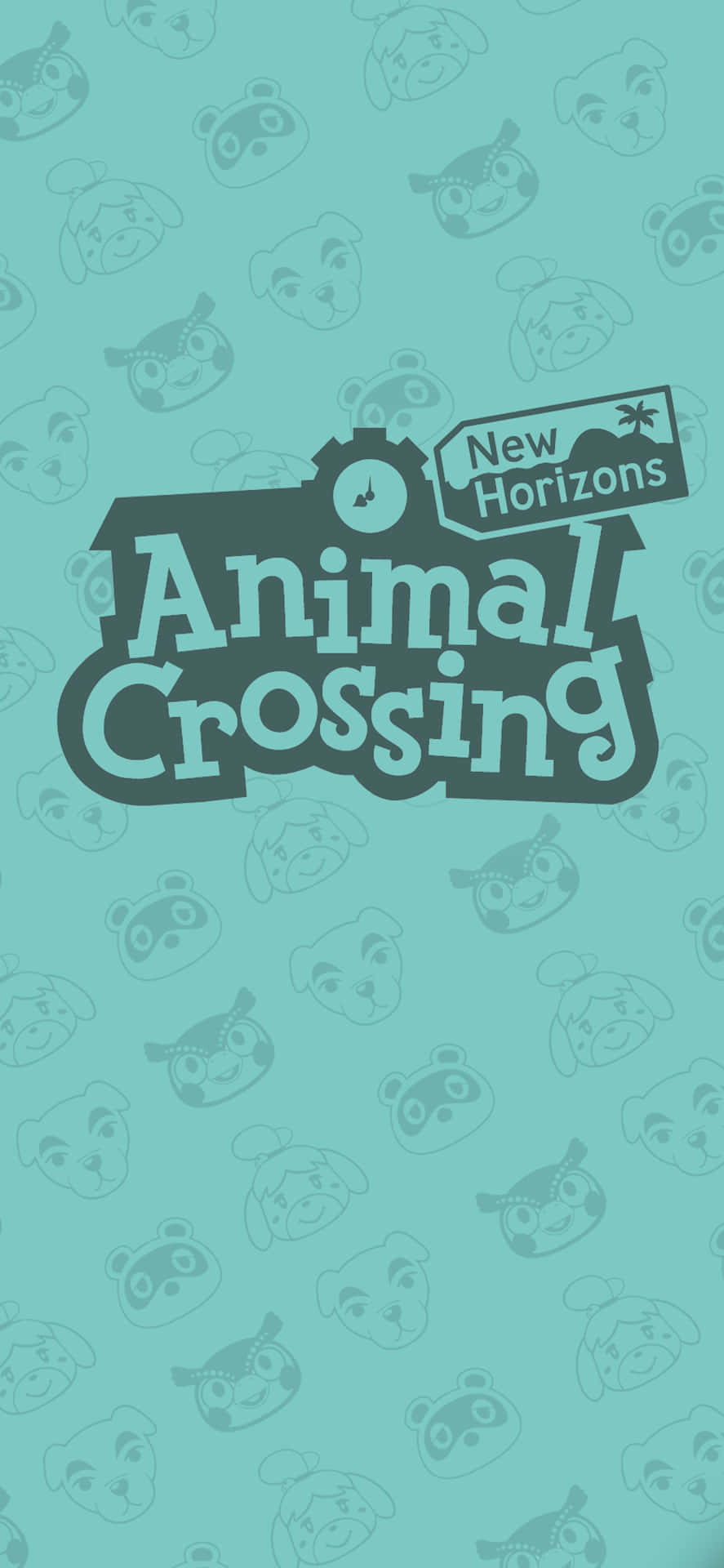  壁紙 — 一個青綠色的桌布，上面有Animal Crossing New Horizons的標誌和背景中重複的角色面孔。