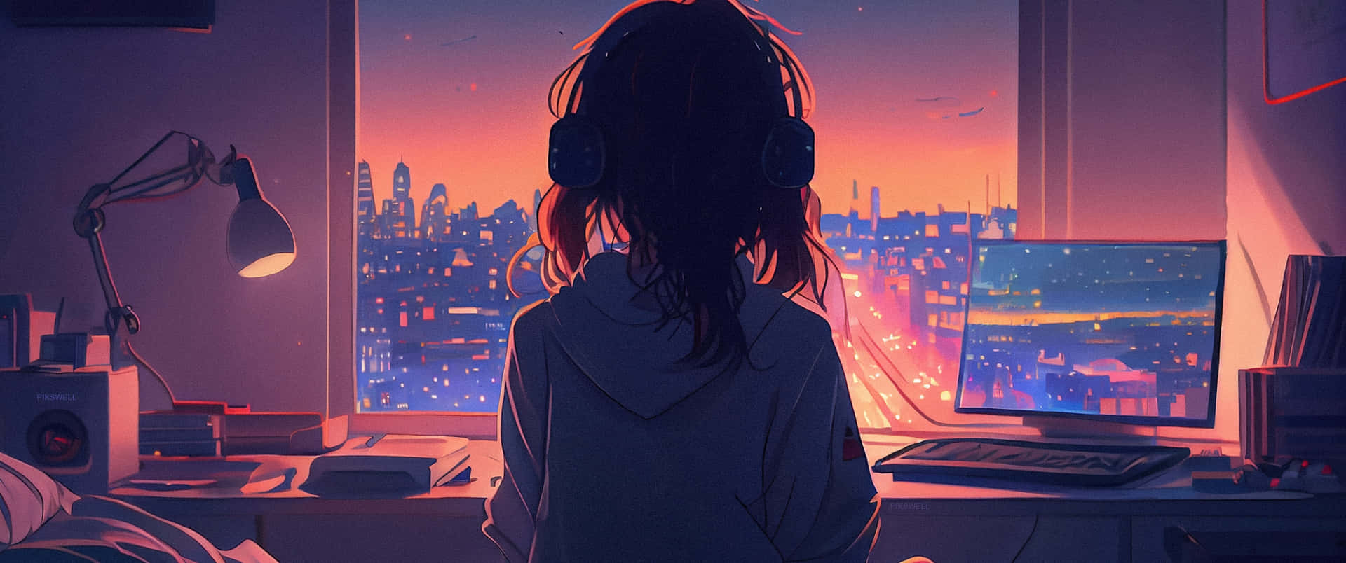  壁紙 — 一個人戴著耳機坐在書桌前，面向窗戶，窗外是夕陽下閃爍的城市天際線。