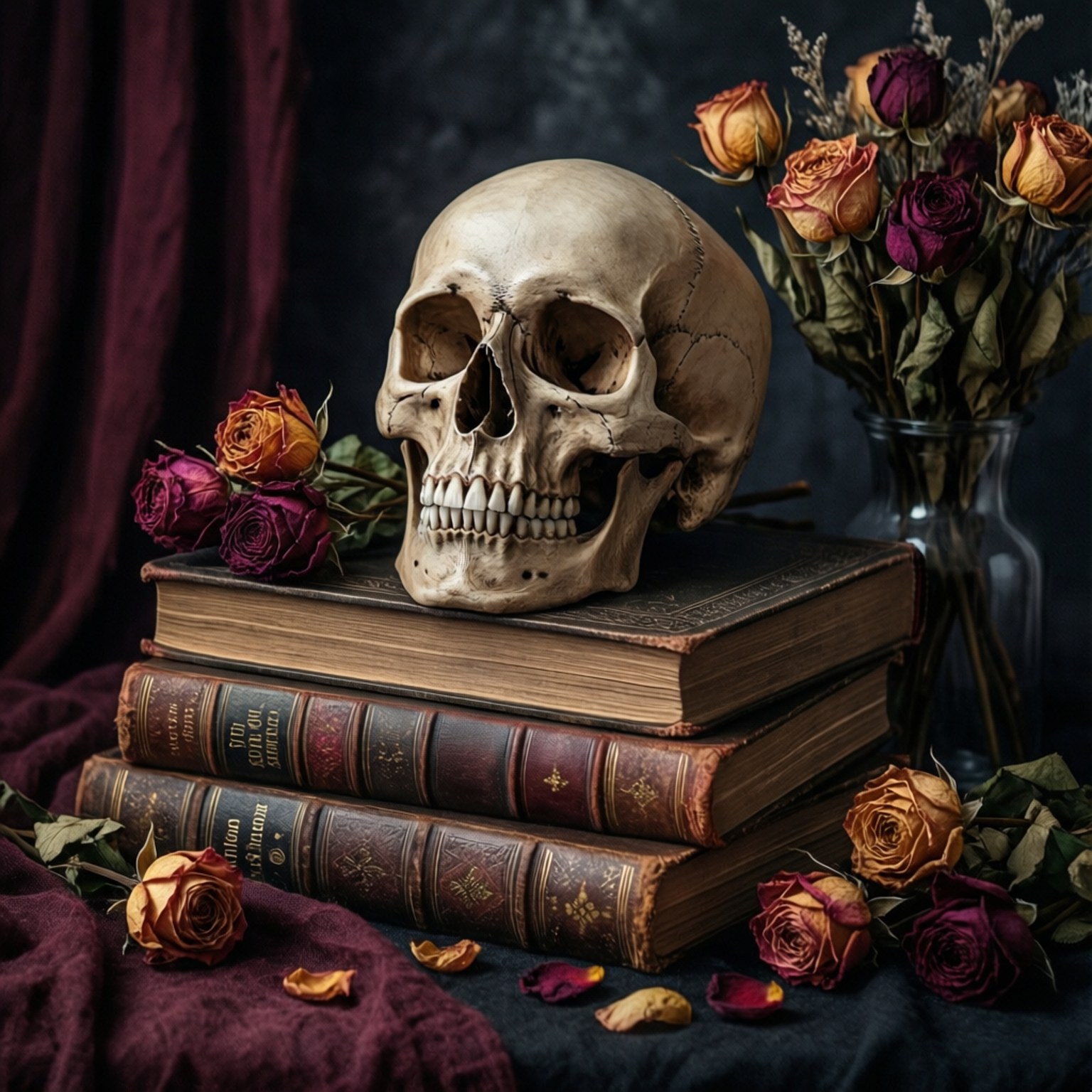 Dark Academia Halloween 壁紙 — 一個人類頭骨放在一堆舊皮面書本上，周圍有乾燥玫瑰和天鵝絨布簾。