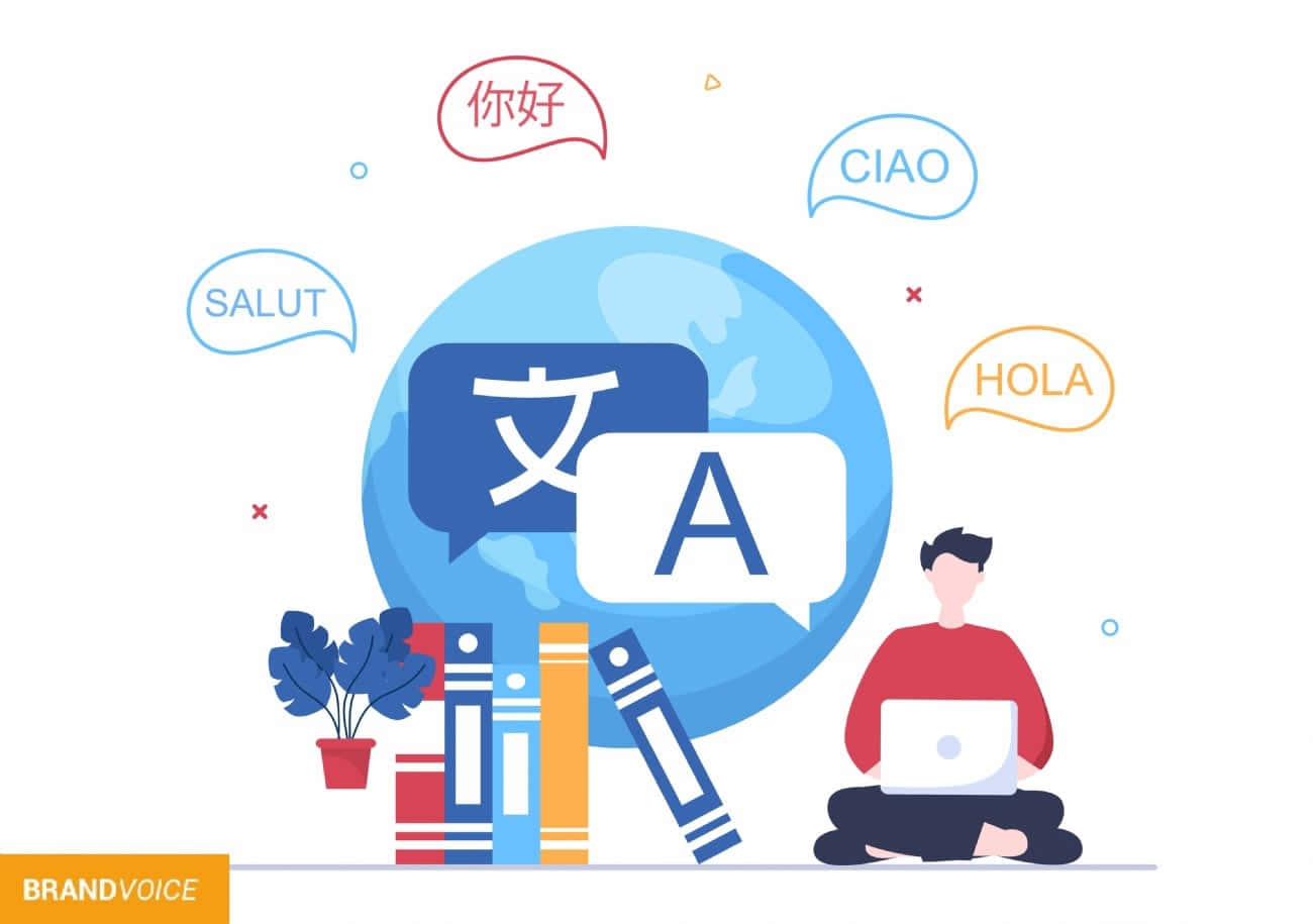 人透過地球儀、書籍和對話氣泡中的問候語學習語言。 — Google 壁紙