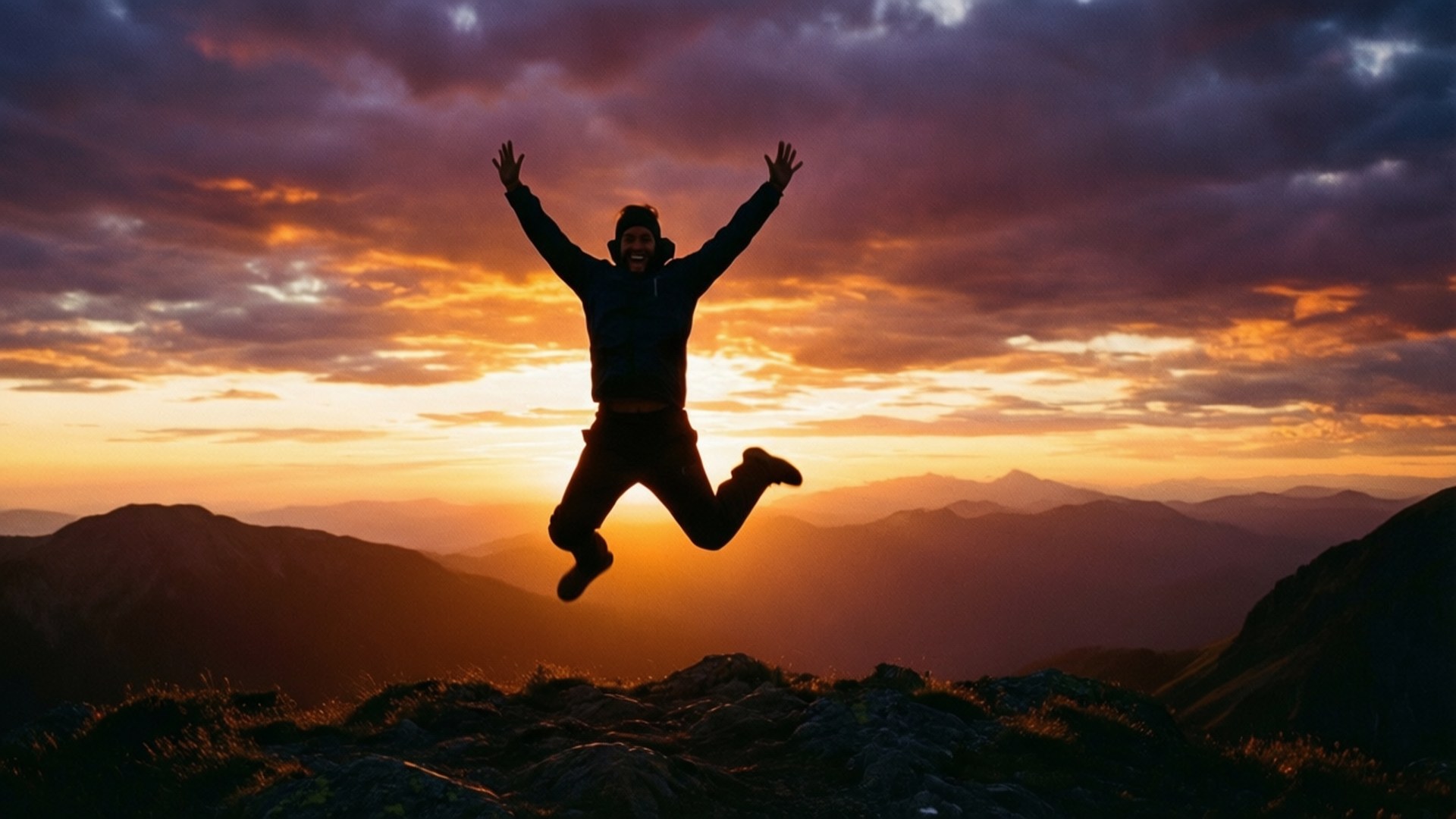 Jump for Joy at Sunset 壁紙 — 一個人以剪影形式快樂地跳躍，背景是層層山脈上充滿活力的日落。
