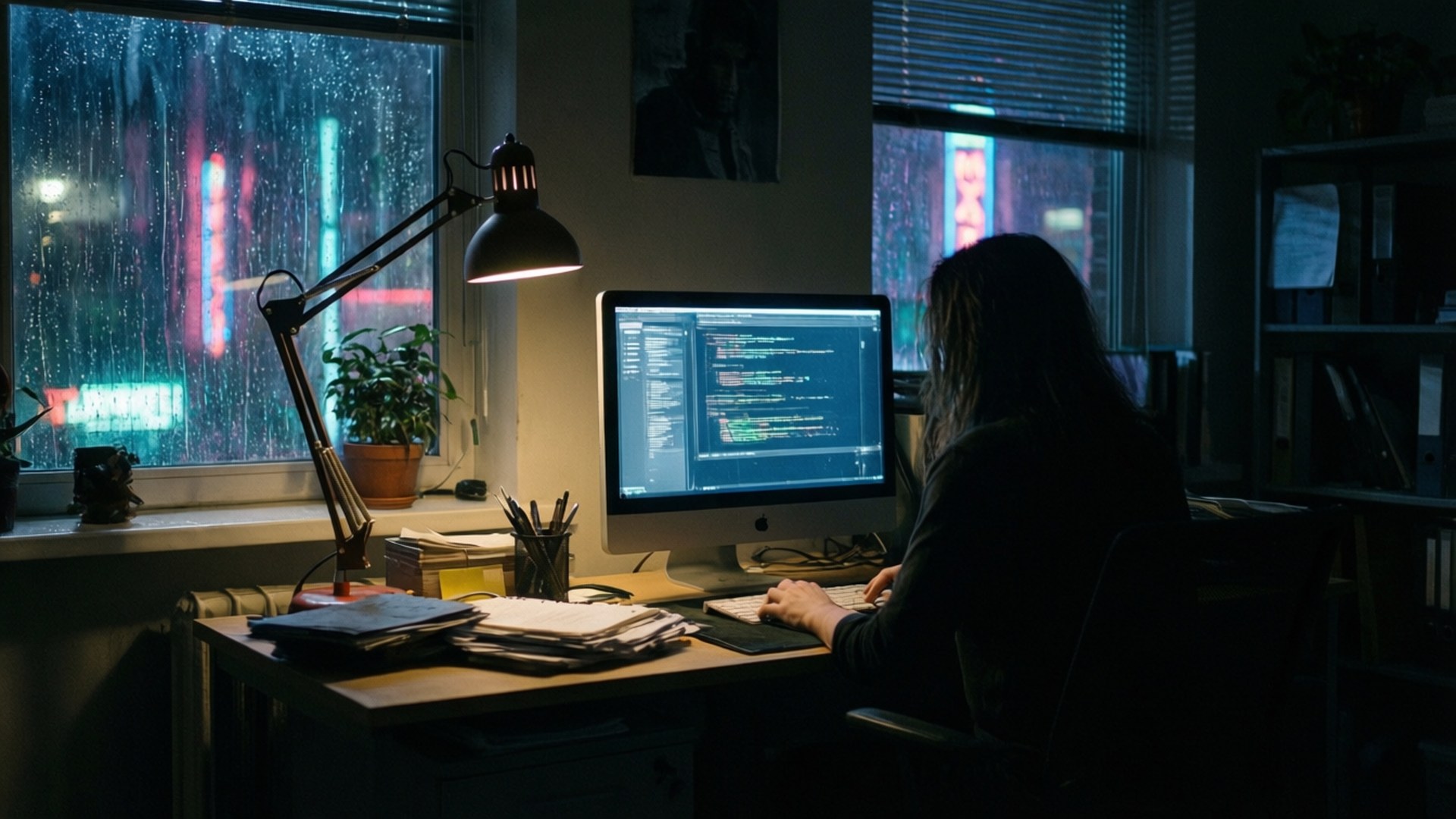 Late Night Cyberpunk Office 壁紙 — 一個人在溫暖的燈光下在書桌前工作到很晚，身後窗戶上雨水流淌。