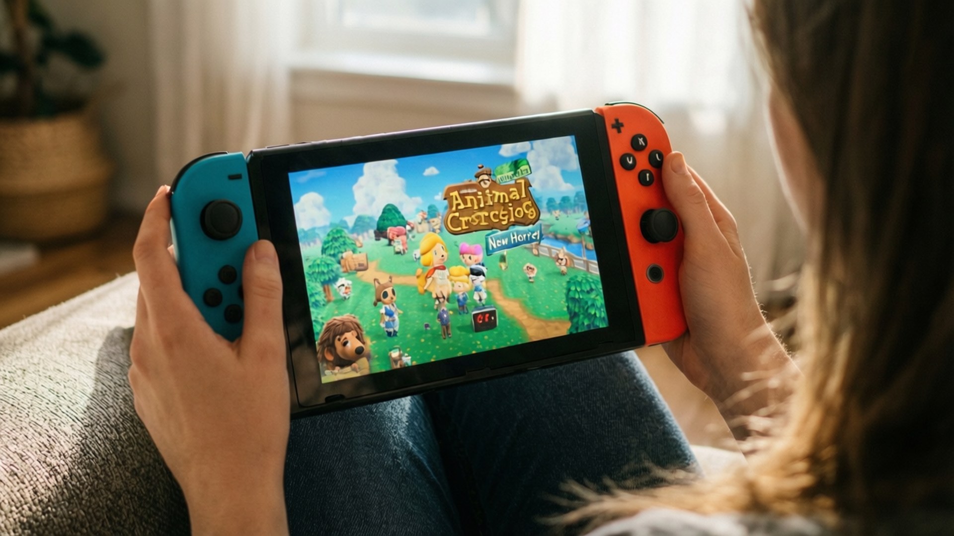 Cozy Animal Crossing 壁紙 — 一個人在陽光充足的房間裡拿著藍紅色的 Nintendo Switch 玩 Animal Crossing New Horizons。