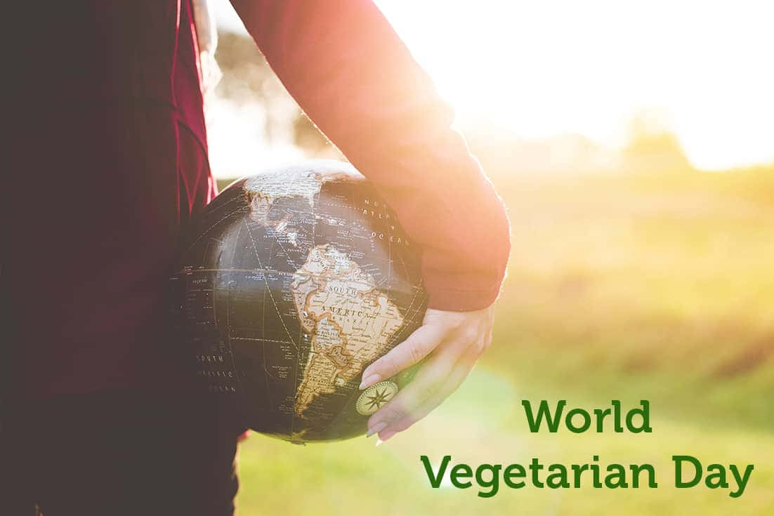  壁紙 — 一個人在陽光明媚的田野中手持地球儀，'World Vegetarian Day' 文字以綠色發光。