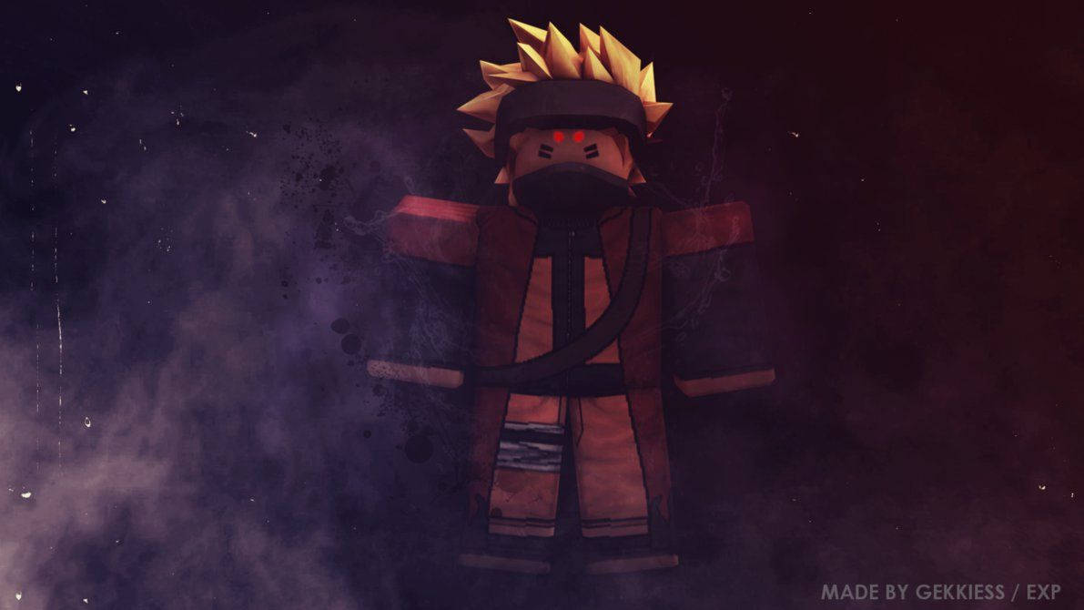 Roblox鳴人，發光的紅色眼睛和尖刺頭髮，在黑暗煙霧背景中。 — Roblox 壁紙