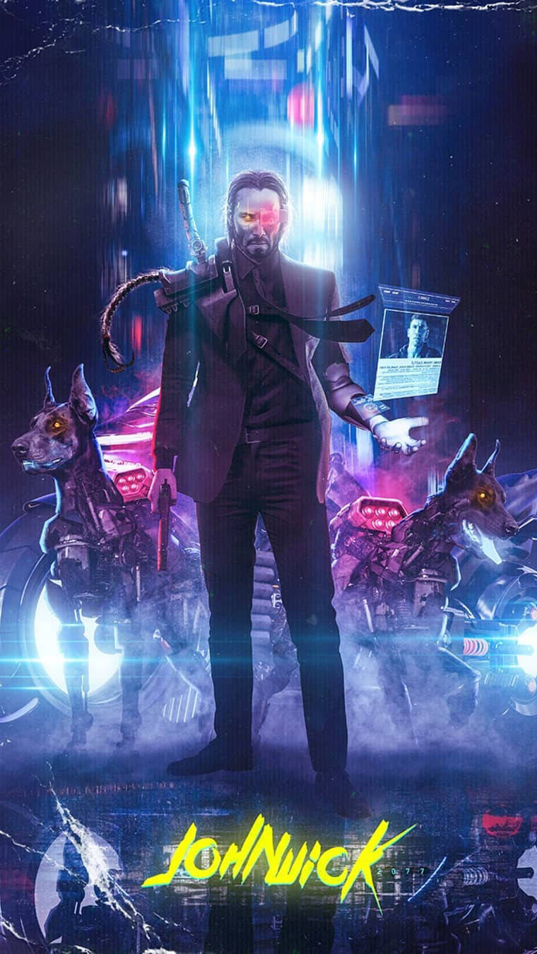 賽博龐克刺客眼睛發光，兩側是裝甲狗，在霓虹雨中。 — John Wick 壁紙