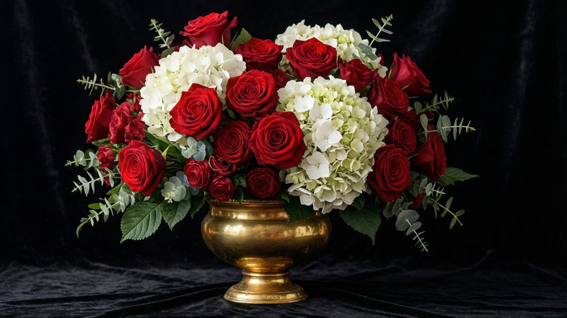 Luxury Red Roses 壁紙 — 一個奢華的花束，紅玫瑰和白繡球花插在閃亮的金色花瓶裡，背景是深黑色天鵝絨。