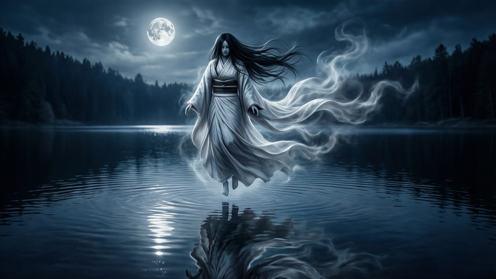 Yurei 桌布 壁紙 — 一個身穿白袍的幽靈女子漂浮在月光照耀的湖面上，長髮和長袍在霧中旋轉。