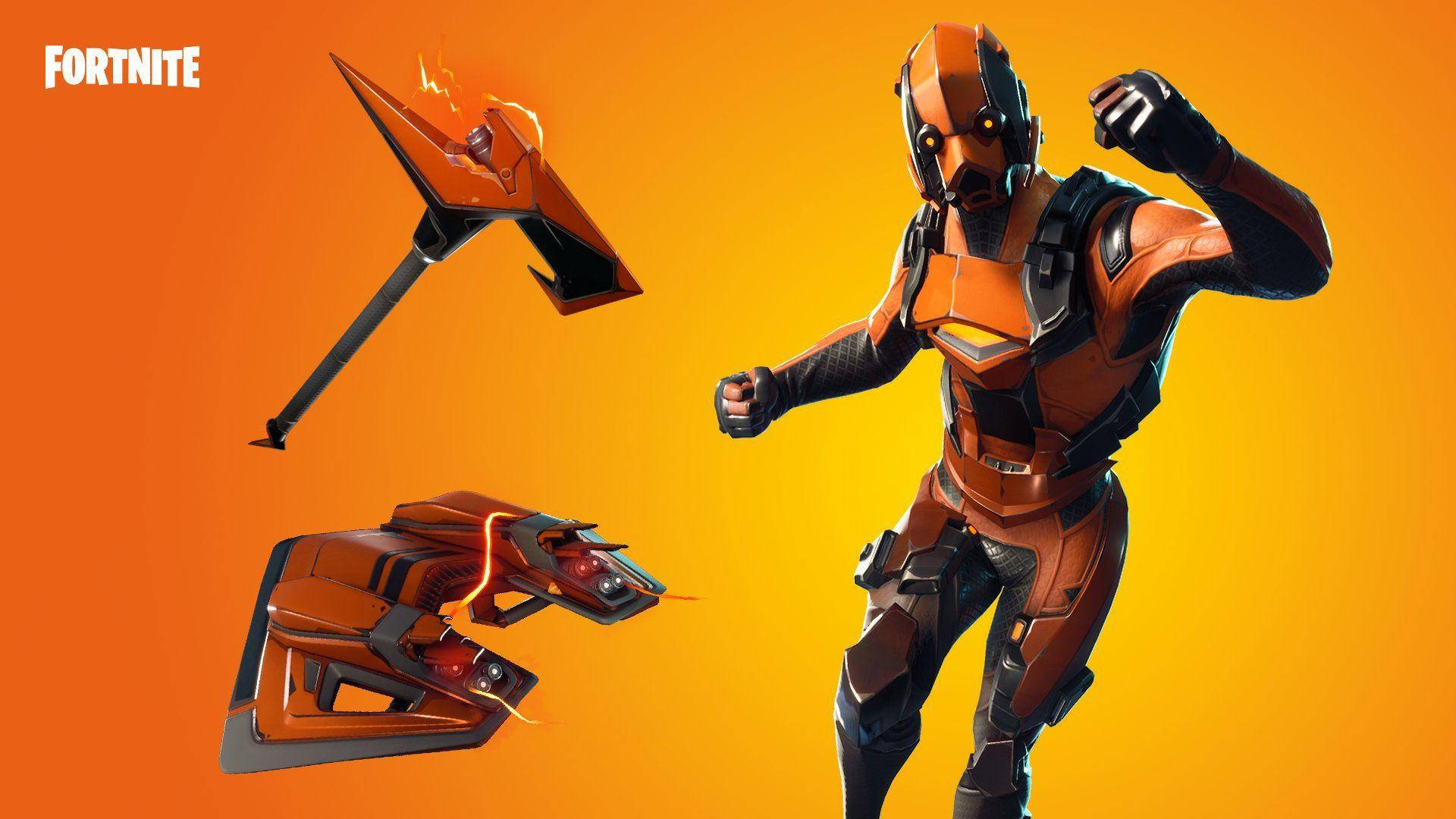 身穿橙色盔甲的《要塞英雄》角色，手持發光武器，橙色背景 — Fortnite 壁紙