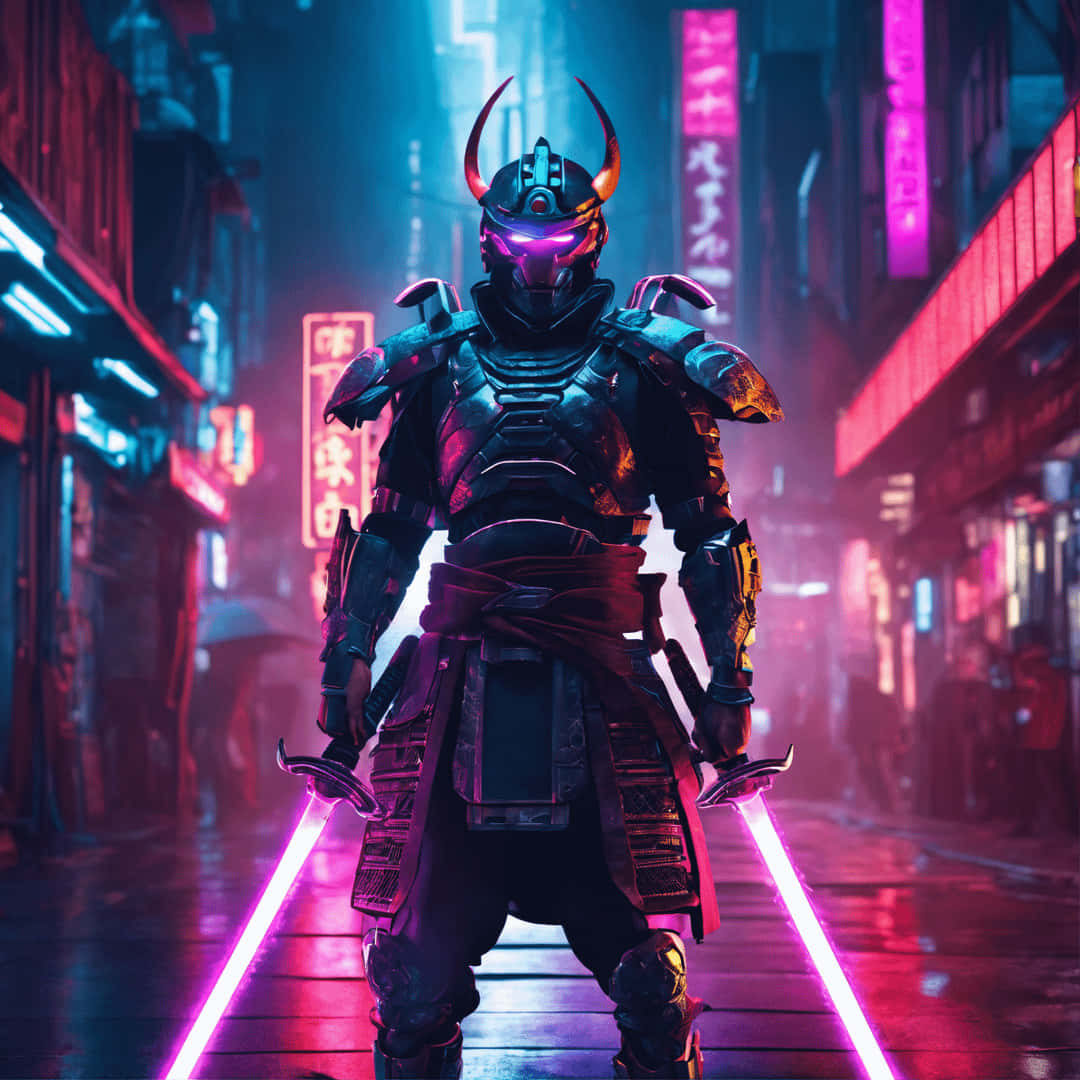  壁紙 — 一個身穿發光盔甲的賽博龐克武士站在霓虹燈閃爍、雨水浸濕的小巷中，揮舞著發光的劍。