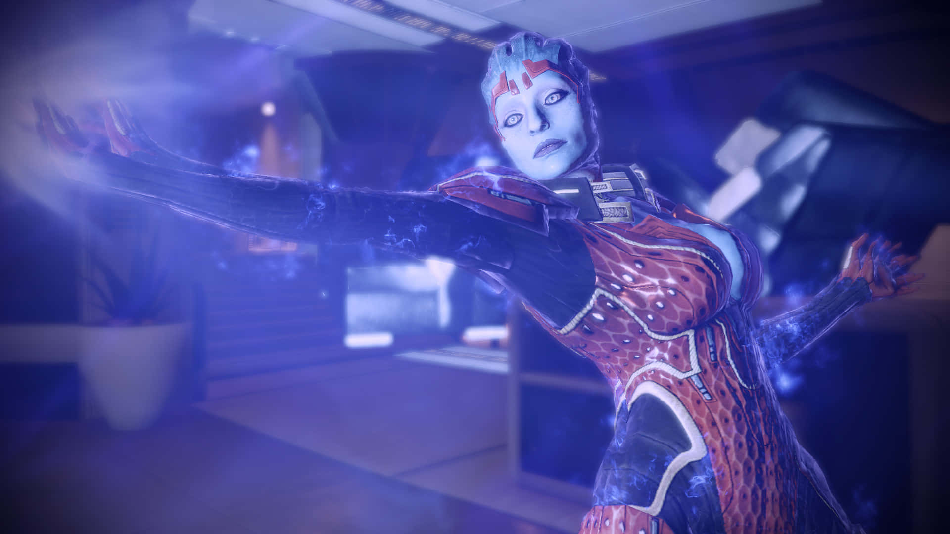 Mass Effect Samara 桌布 壁紙 — 一個身穿紅藍裝甲的未來外星戰士，在一個高科技房間中引導發光的能量。