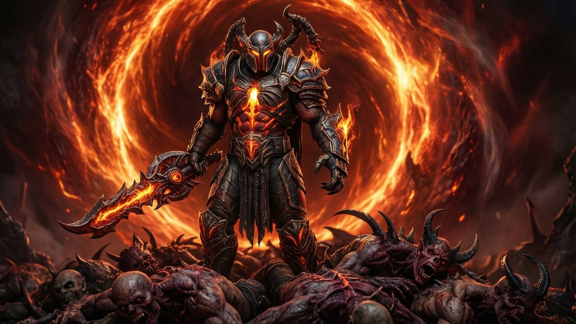 Slayer's Victory Roar 壁紙 — 一個身穿華麗黑色盔甲的惡魔戰士站在一堆被打敗的怪物之上，面前是一個旋轉的火焰漩渦。