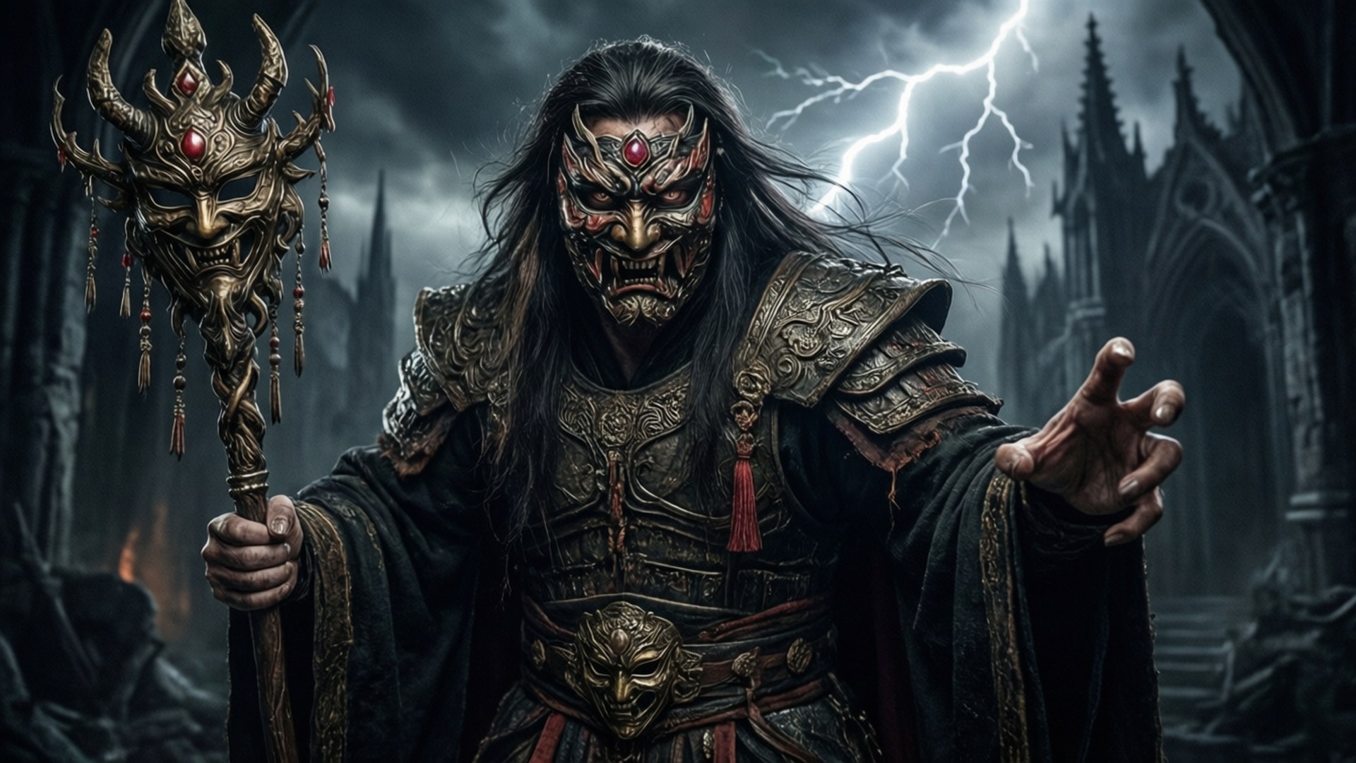 Emperor Belos 壁紙 — 一個身穿華麗盔甲的惡魔戰士，手持帶刺的杖和面具，閃電擊中哥德式大教堂上空。