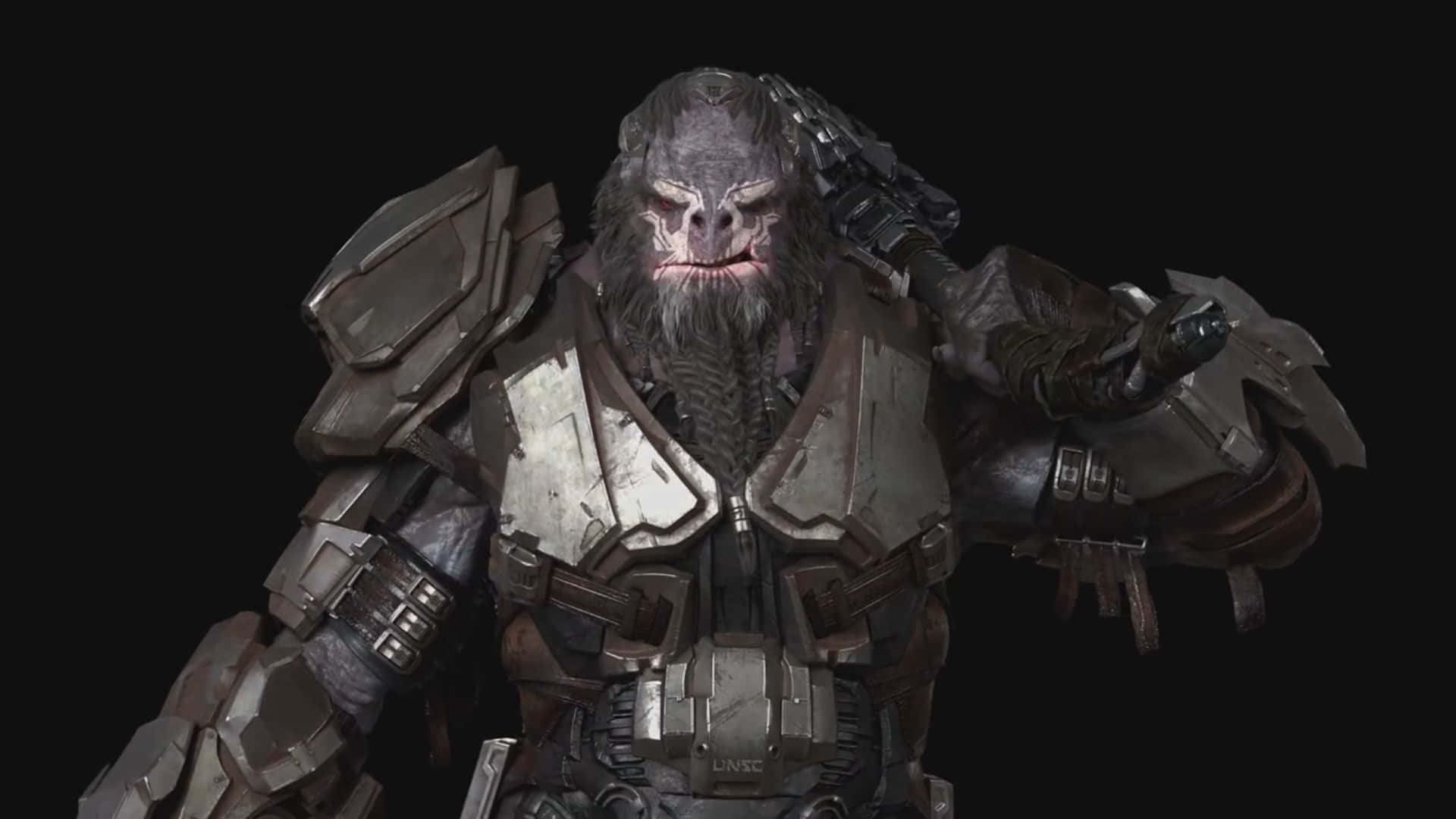 Atriox 桌布 壁紙 — 一個身穿盔甲、面目猙獰、臉如骷髏、雙眼發光的大猩猩戰士，站在黑色背景前。