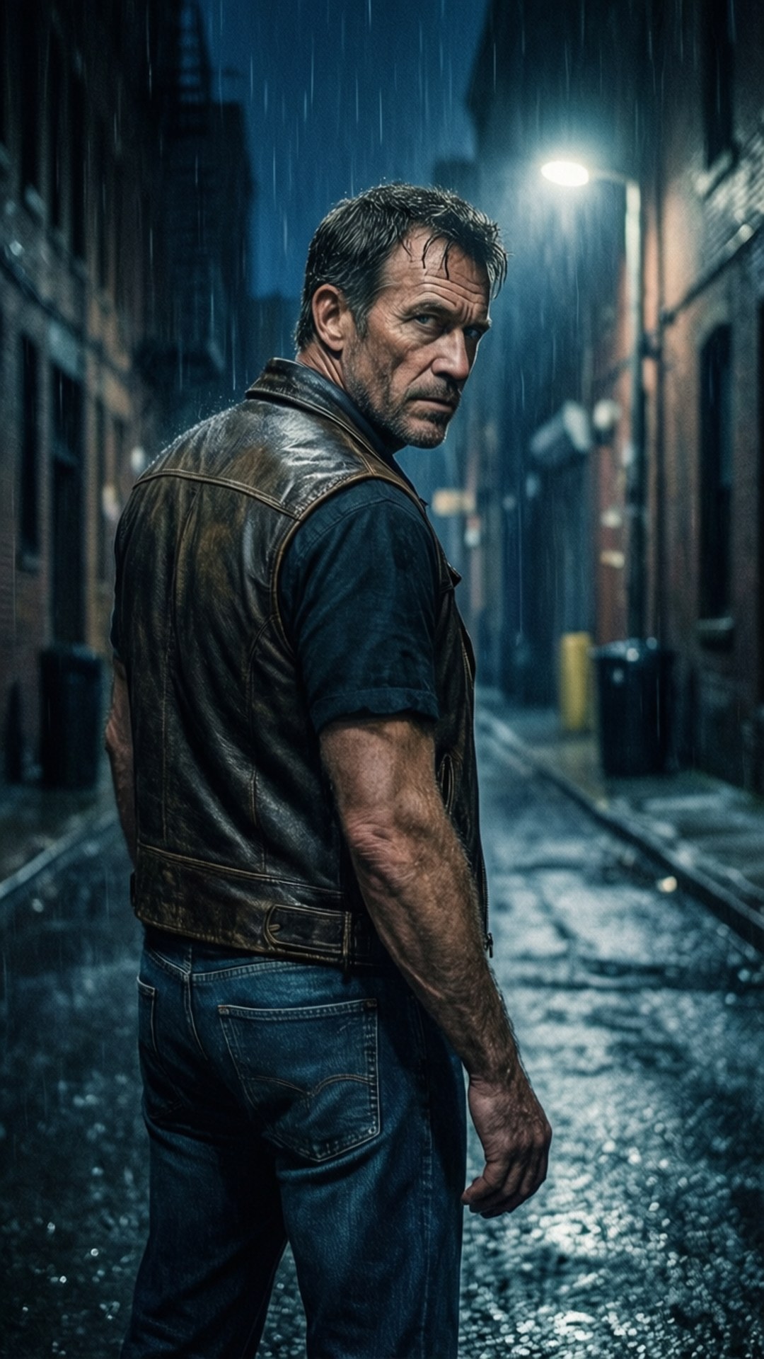 Alley Tough Guy 壁紙 — 一個身穿皮背心的粗獷男子在夜晚獨自站在一條被雨水浸濕的小巷中，頭頂只有一盞街燈。