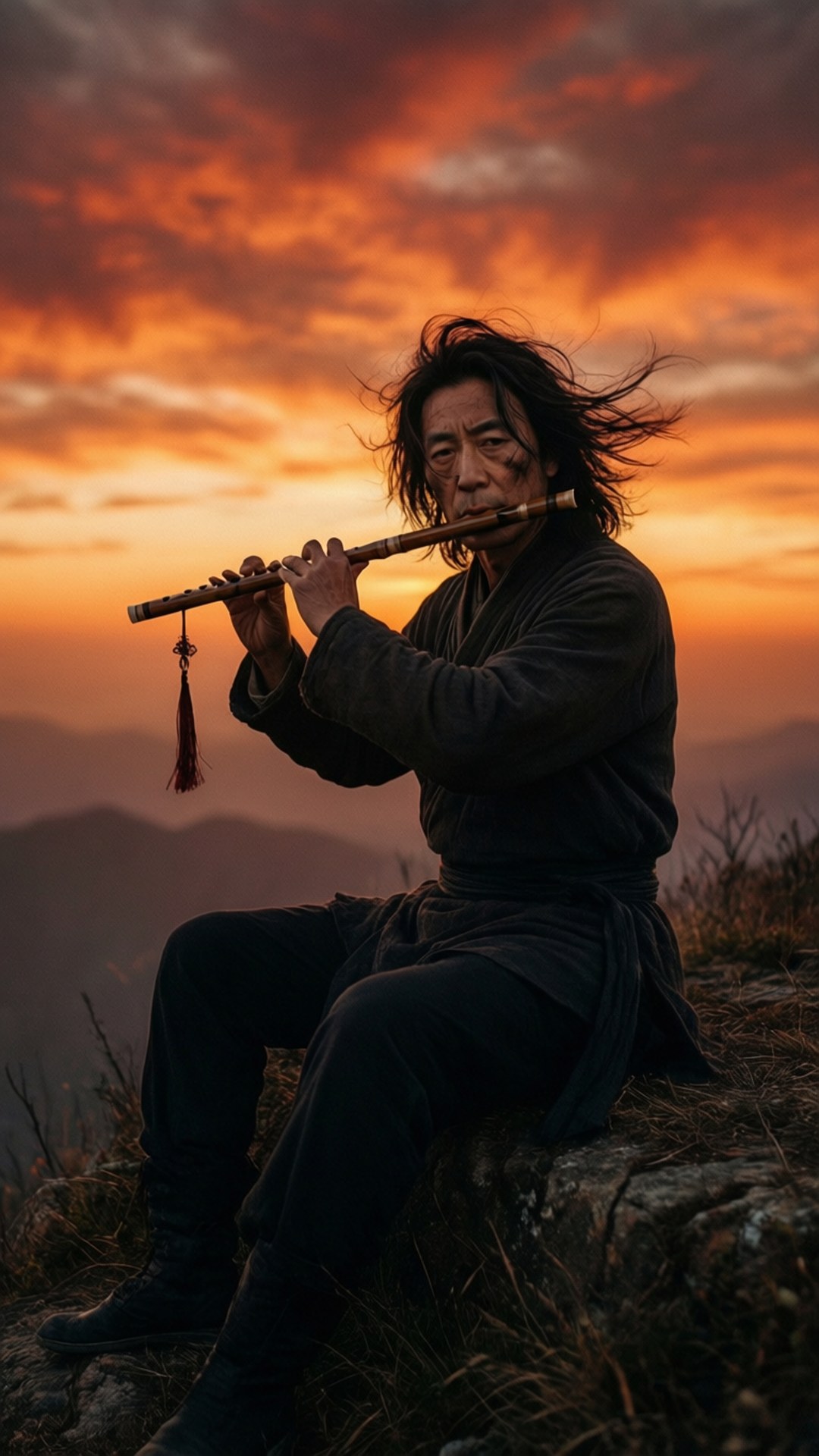 Flute at Sunset 壁紙 — 一個身穿深色長袍的男人坐在岩石峭壁上，在日落時吹奏長笛，身後有火橙色的雲朵旋轉。