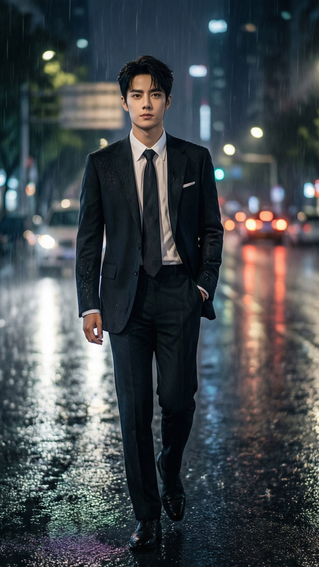 Rainy Night Walk 壁紙 — 一個身穿深色西裝的男人在夜晚的霓虹燈城市街道上自信地穿過大雨。