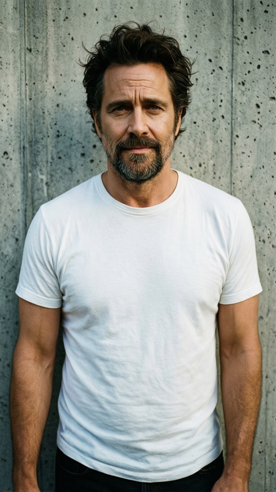 White T-Shirt 壁紙 — 一個深色亂髮、留鬍鬚的男人，穿著白色T恤，靠著紋理灰色混凝土牆。