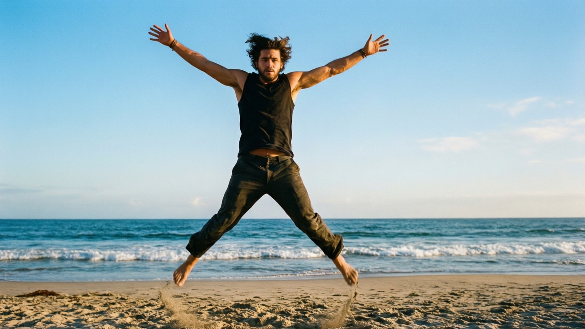 Action Jump Brent Rivera 壁紙 — 一個深色頭髮的男人在沙灘上張開雙臂，對著晴朗的藍天和海浪歡快地跳躍。