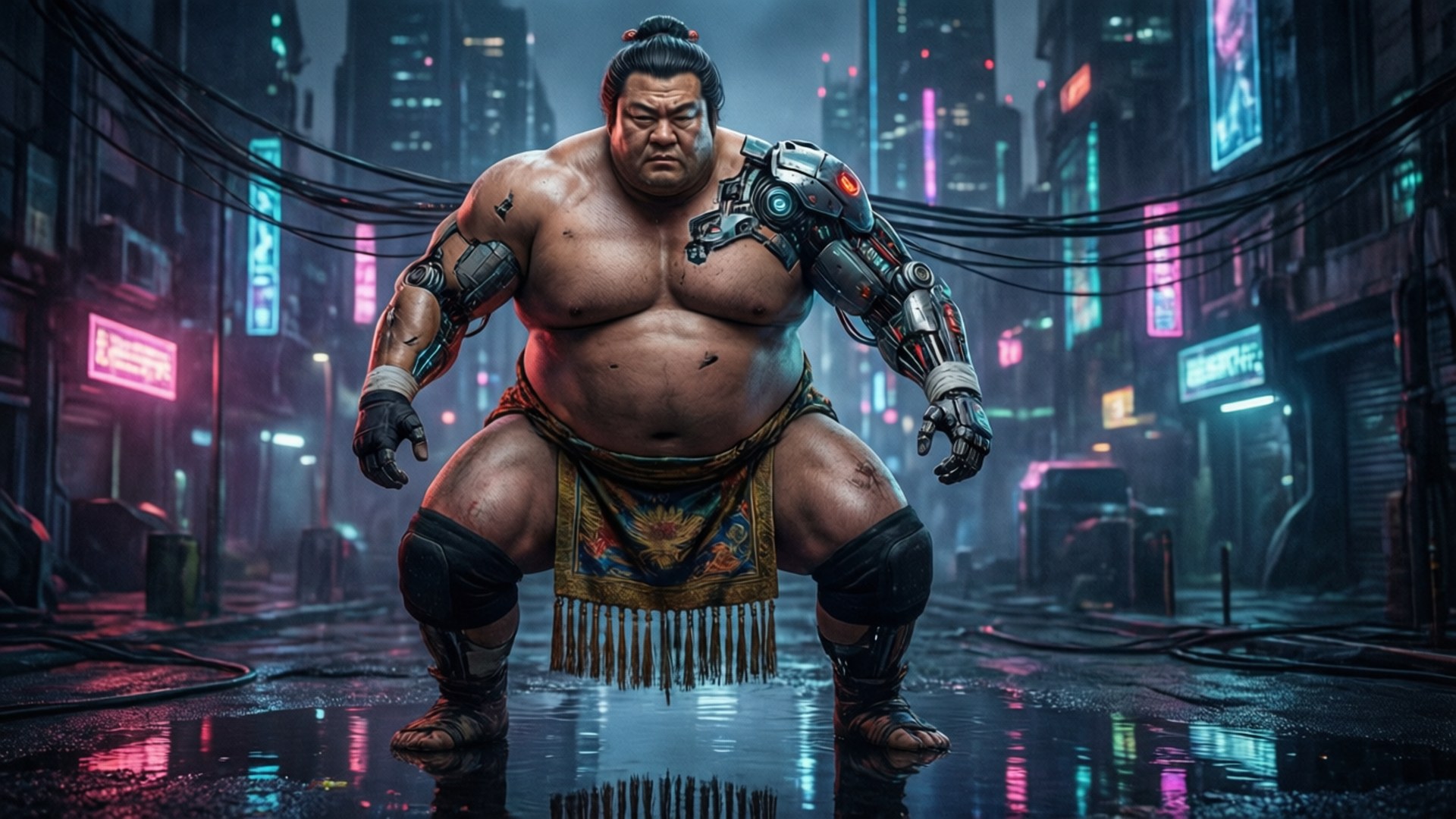 Neon Sumo 壁紙 — 一個生化相撲選手威風凜凜地站在霓虹燈閃爍、雨中的賽博朋克小巷裡。