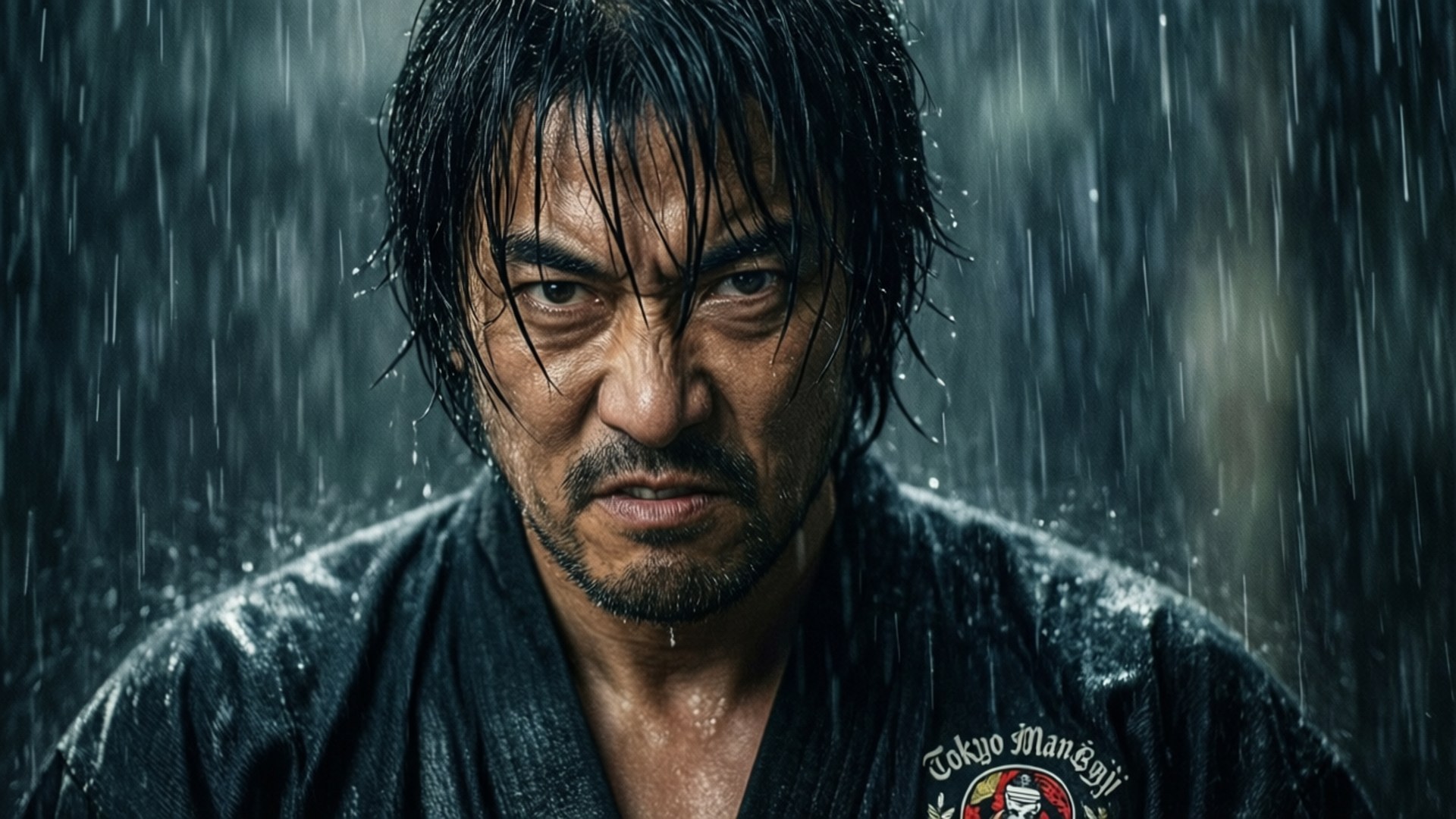 Rainstorm Gaze 壁紙 — 一個濕黑頭髮、眼神銳利的男人在傾盆大雨中穿著帶有東京卍會徽章的黑色外套，直視前方。