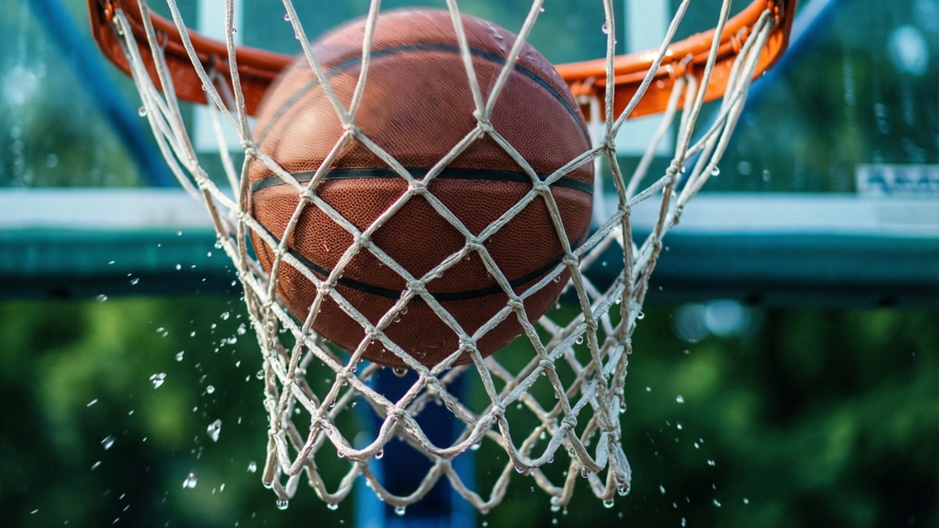Swish Splash 壁紙 — 一個濕漉漉的籃球穿過磨損的網，嗖的一聲進入橙色籃框，背景是模糊的綠色。