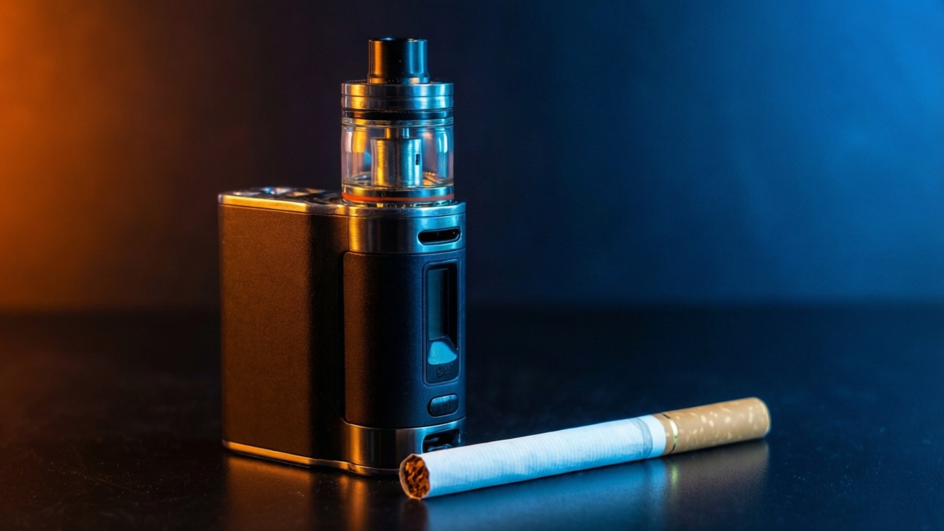 Vape vs Cigarette 壁紙 — 一個時尚的黑色電子煙裝置，帶有透明煙油倉，在戲劇性的藍色和橙色燈光下，站在黑暗表面上的一根點燃的香煙旁邊。