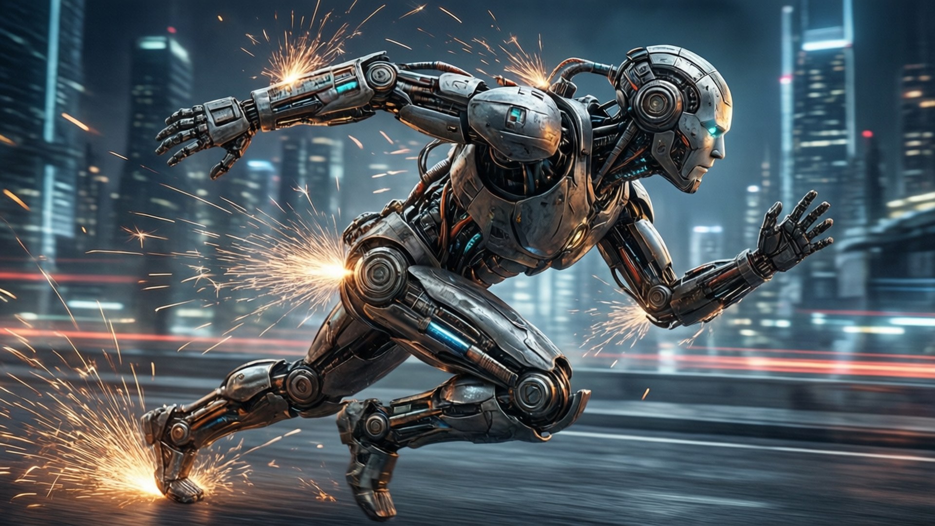 Robot Dash 壁紙 — 一個時尚的銀色機器人在霓虹燈閃爍的城市景觀中疾馳，靴子踢出火花。