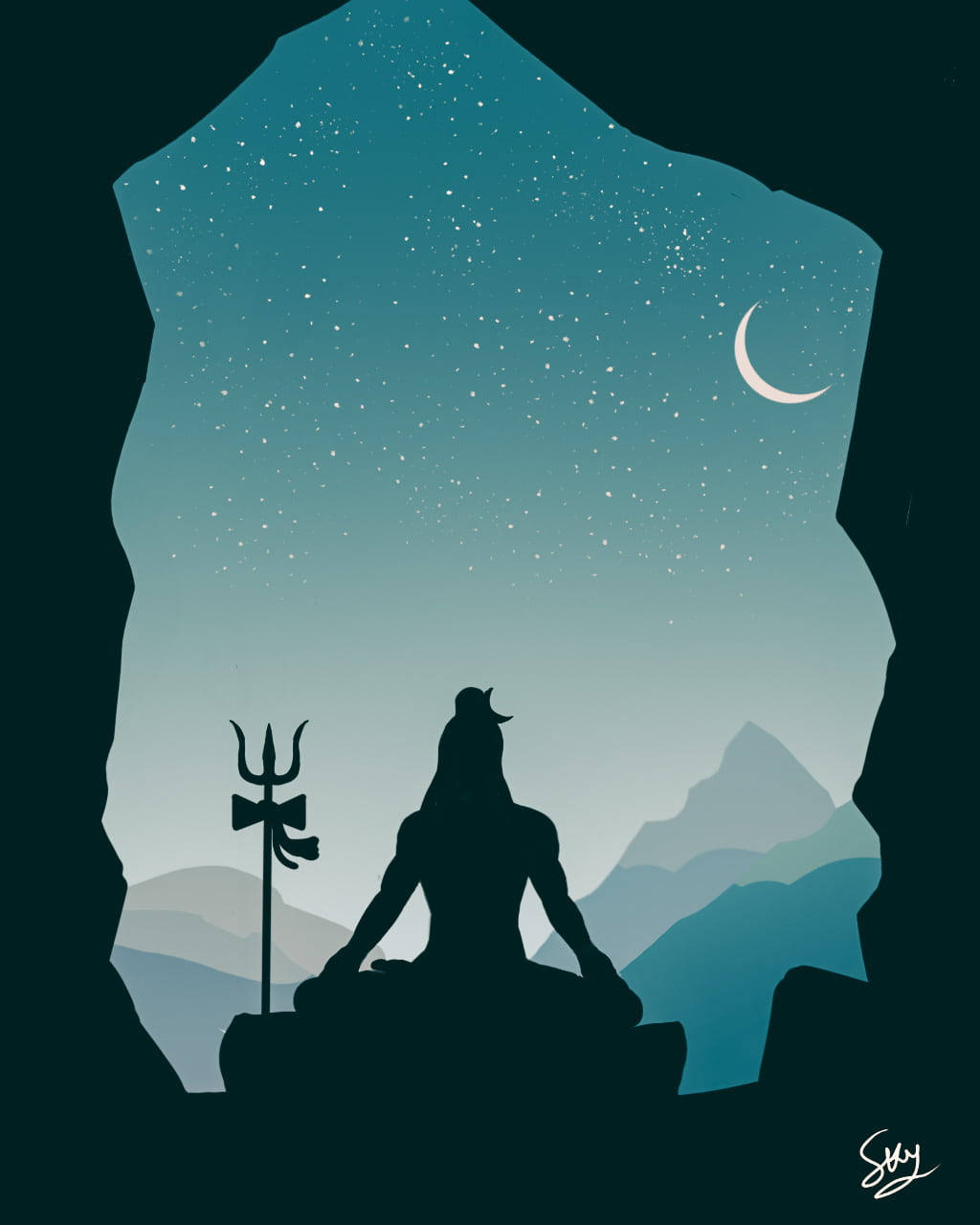 一個手持三叉戟的冥想神靈剪影，在夜晚的洞穴中，星空和月亮下。 — 濕婆高清壁紙 壁紙