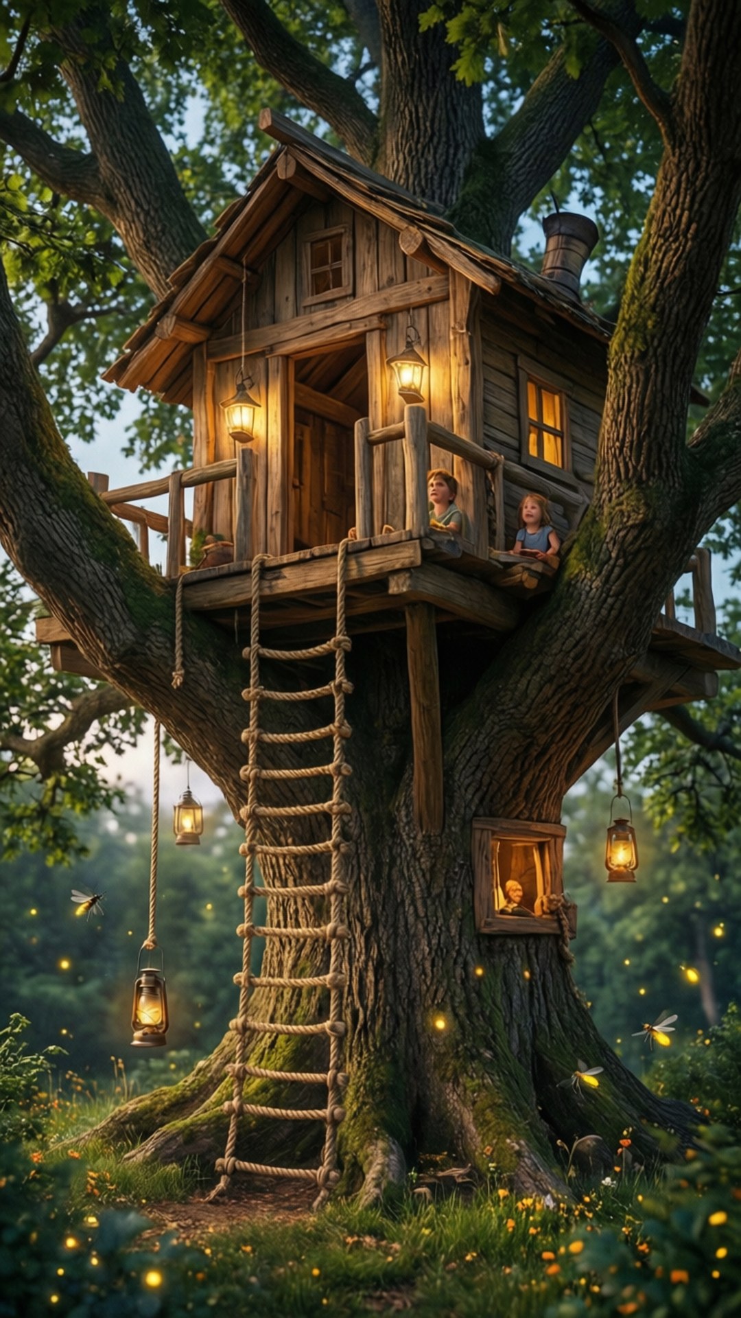 Magical Treehouse Wood 壁紙 — 一個舒適的木製樹屋，坐落在一棵巨大的長滿苔蘚的樹上，掛著發光的燈籠，孩子們在黃昏時探出頭來。