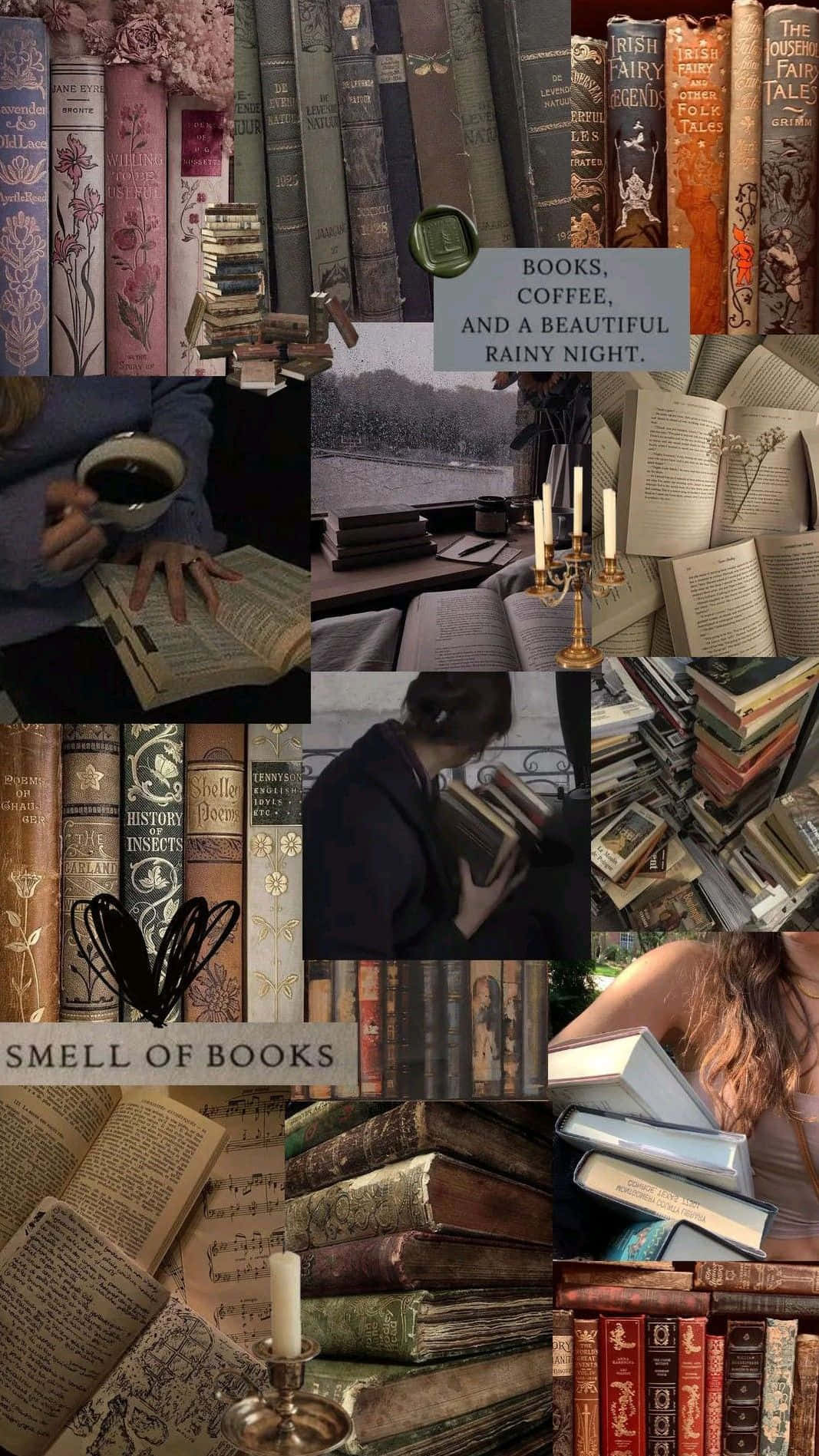 Dark Book Aesthetic 桌布 壁紙 — 一個舒適的拼貼畫，包含復古書籍、咖啡、蠟燭和雨窗景色，喚起文學溫暖和寧靜的閱讀之夜。