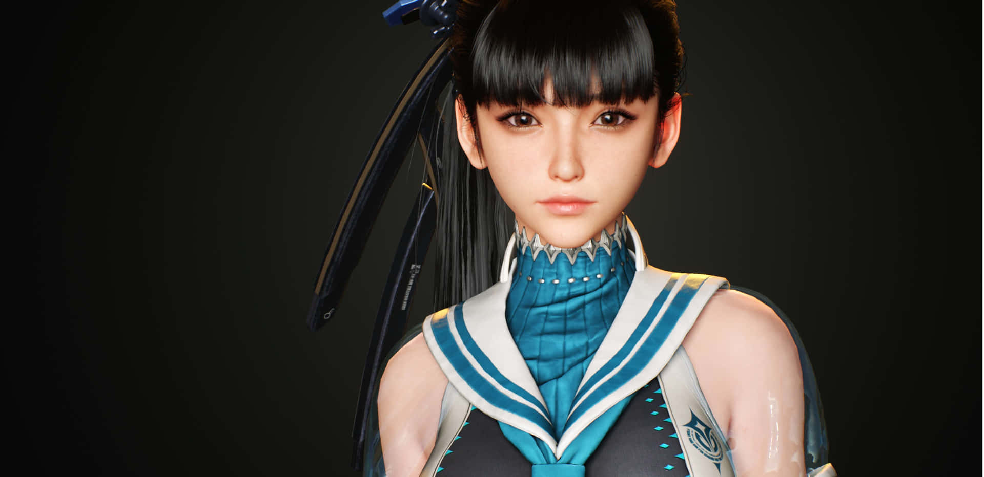  壁紙 — 一個數位動漫女孩，黑髮齊瀏海，穿著藍白水手服，背景深色。