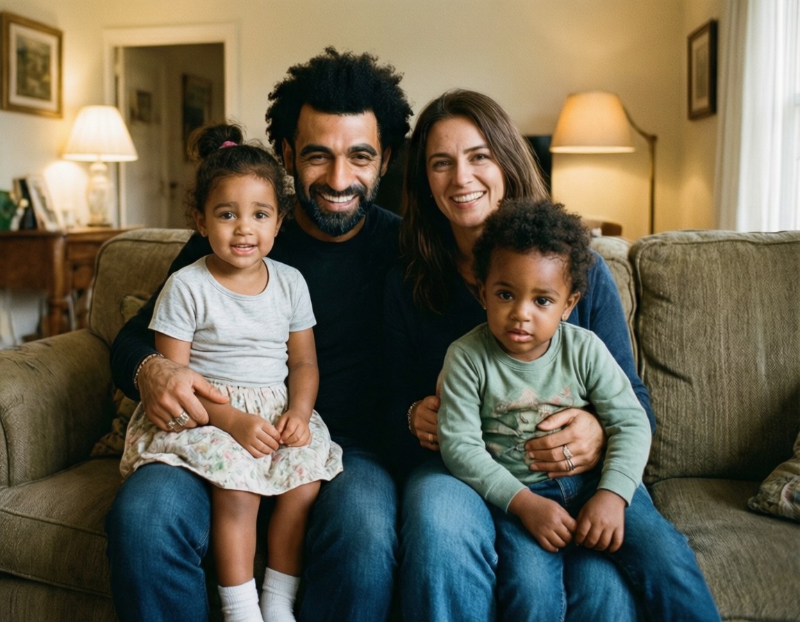 Salah Family Time 壁紙 — 一個四口之家微笑著一起坐在舒適的米色沙發上，客廳燈光溫暖，牆上掛著燈飾和裱框藝術品。