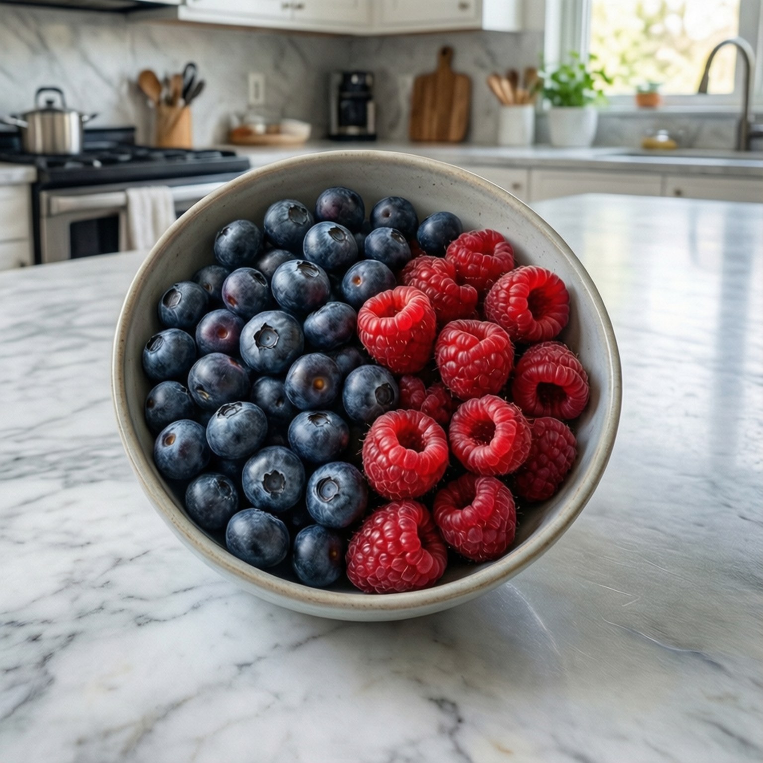 Berry Bowl Flat Lay 壁紙 — 一個陶瓷碗裝滿飽滿的藍莓和鮮豔的覆盆子，放在白色大理石廚房檯面上。