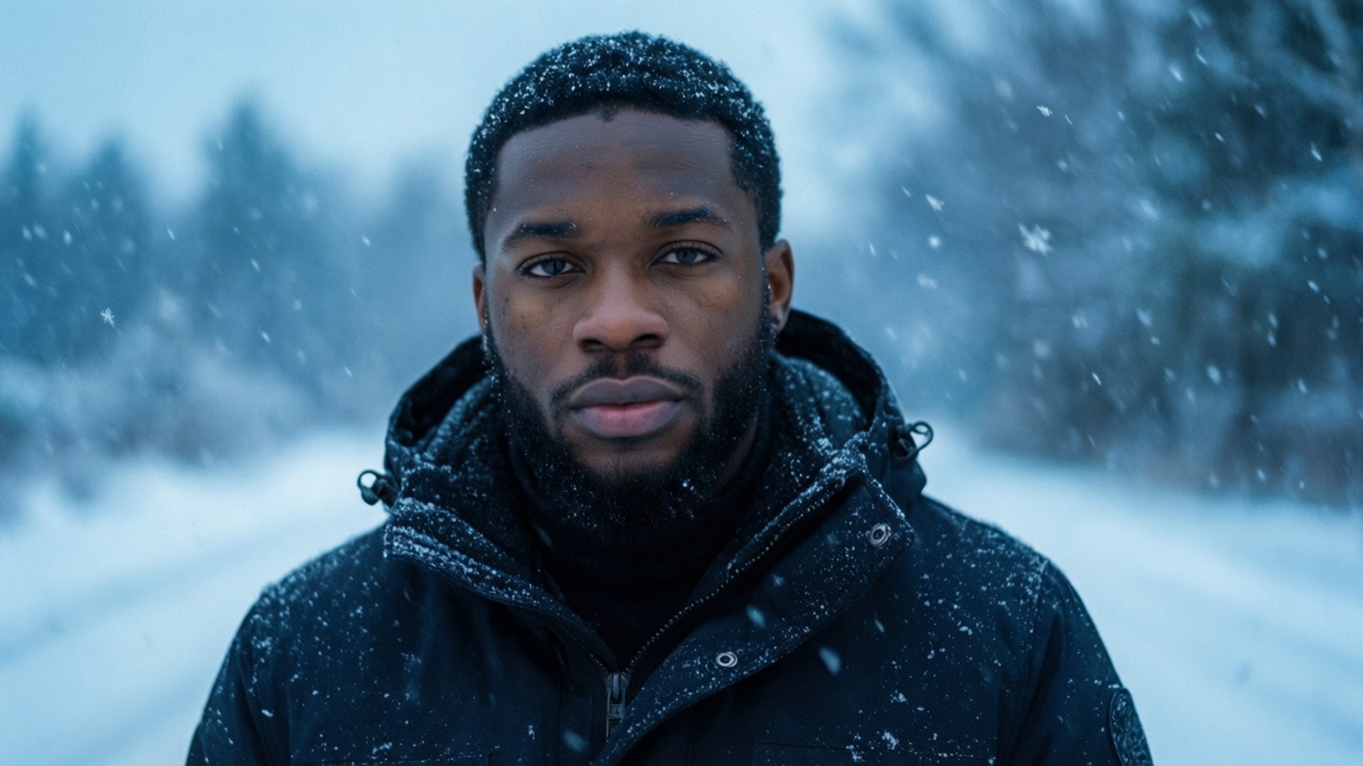 Kelvin Harrison Jr 桌布 壁紙 — 一個頭髮和外套上有雪花的男人在暴風雪期間站在雪森林中。