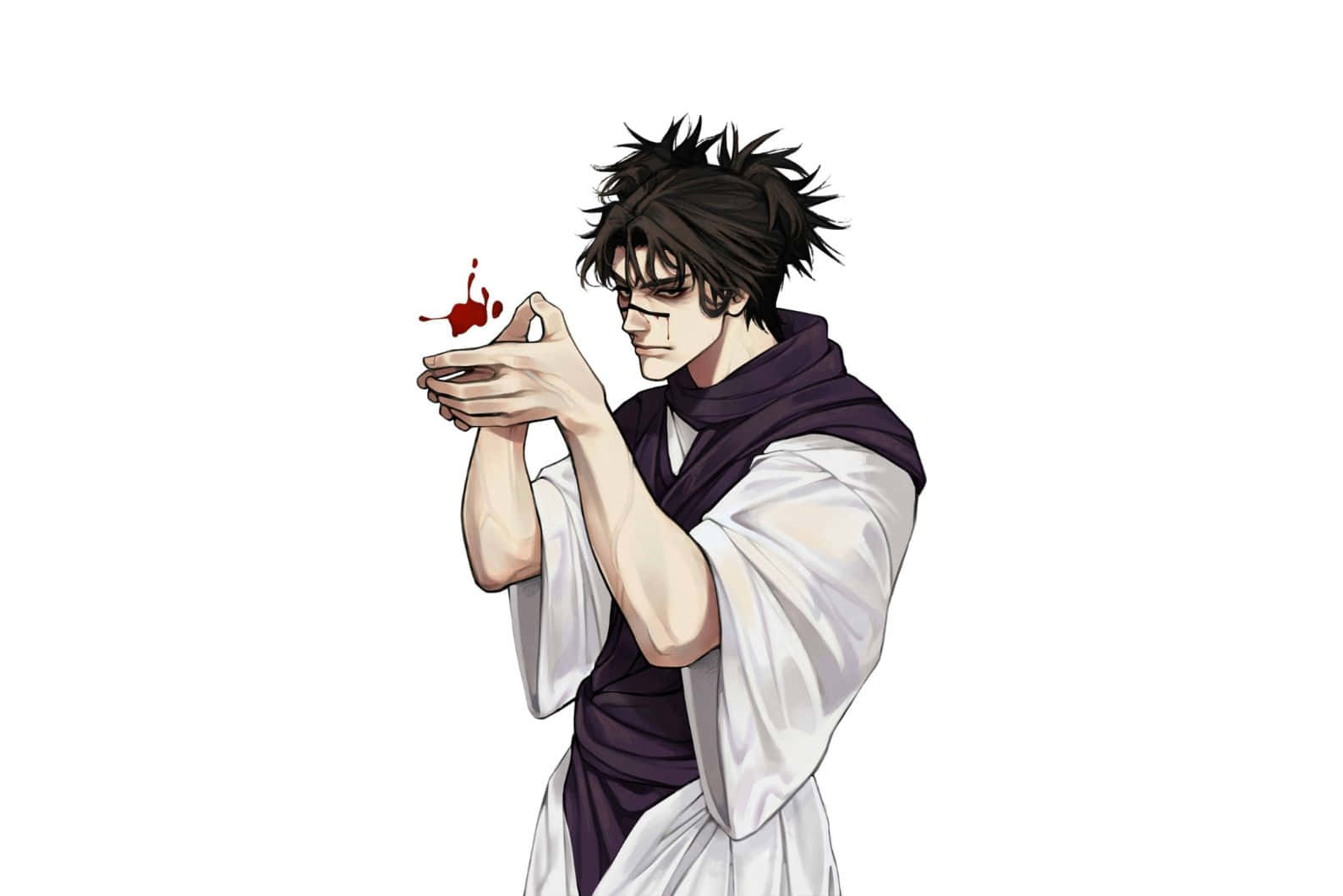  壁紙 — 一個頭髮尖刺的動漫男人，穿著白色和紫色的長袍，雙手上方拿著紅色血濺，表情嚴肅。
