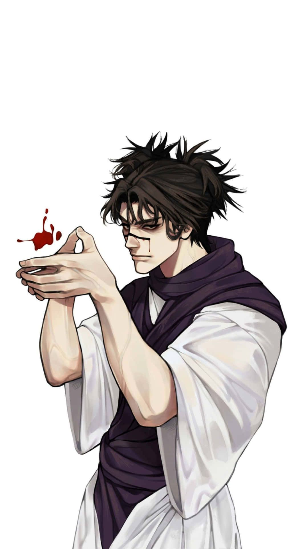 壁紙 — 一個頭髮尖刺的動漫男人，身穿白色和紫色長袍，雙手之間握著一滴血，表情嚴肅。
