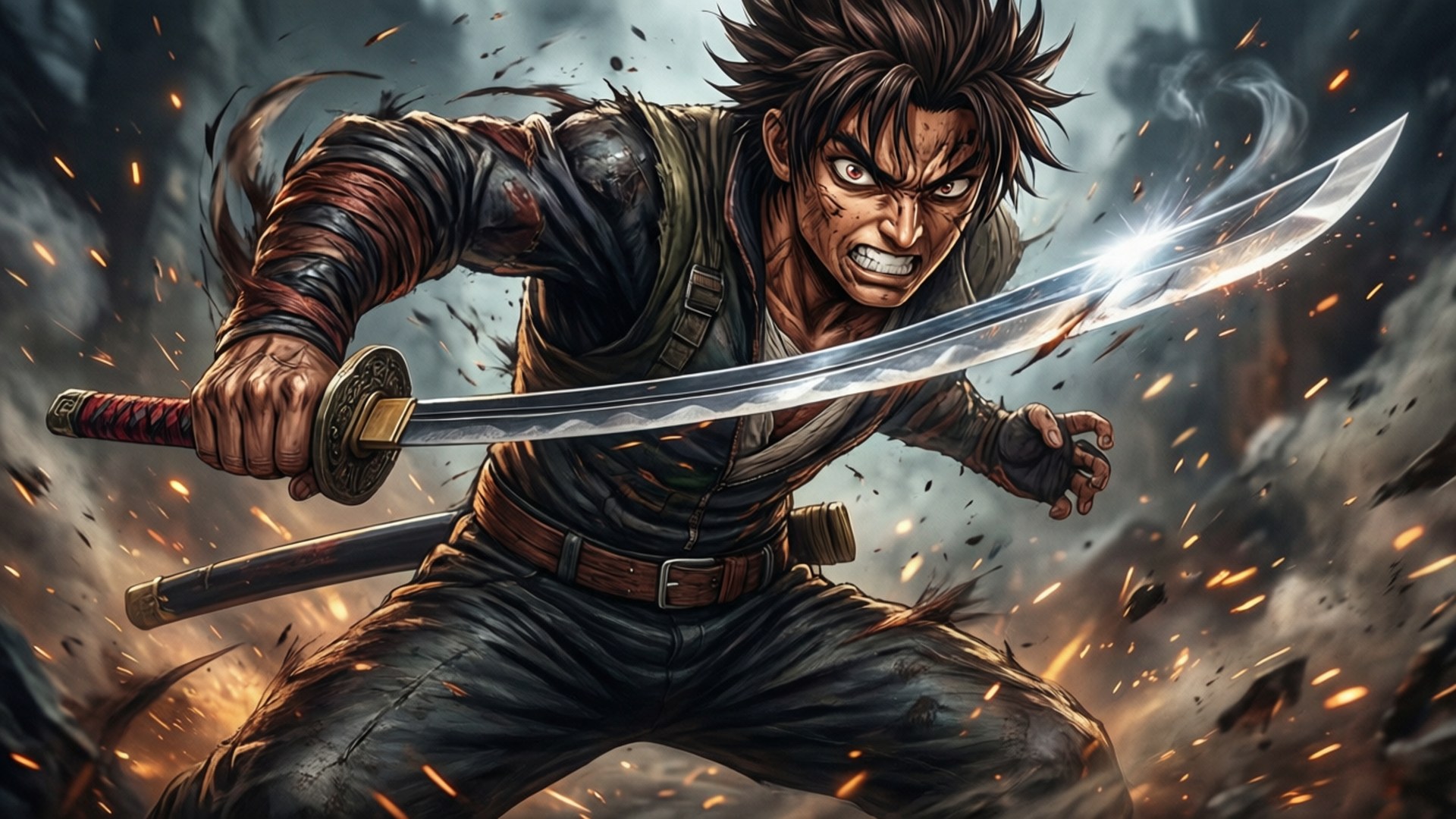Battle Cry 壁紙 — 一個頭髮尖刺的兇猛動漫戰士，在風暴背景中揮舞著發光的劍，火花四濺。
