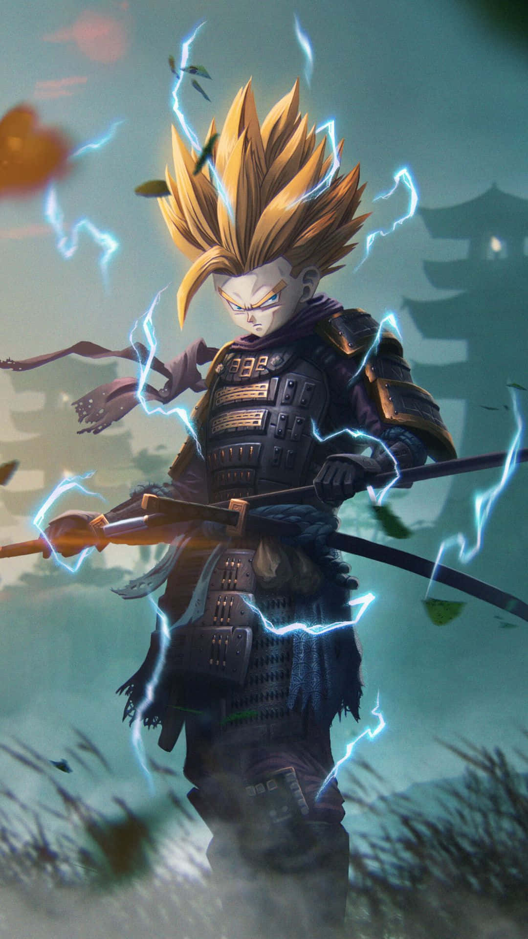 Gohan Beast 桌布 壁紙 — 一個頭髮尖刺的戰士身穿暗色盔甲，揮舞著發光的劍，周圍閃電劈啪作響，背景迷霧繚繞。