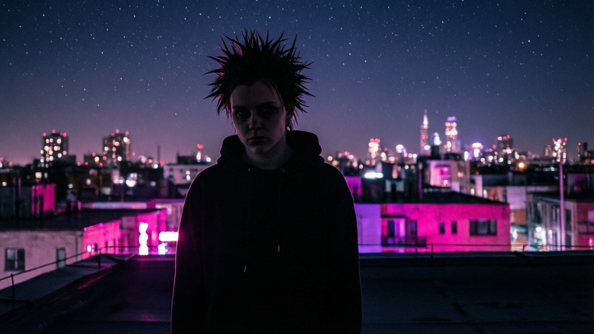 Rooftop Solitude 壁紙 — 一個頭髮尖尖的人站在屋頂上，背景是星空和霓虹粉紅色的城市天際線。