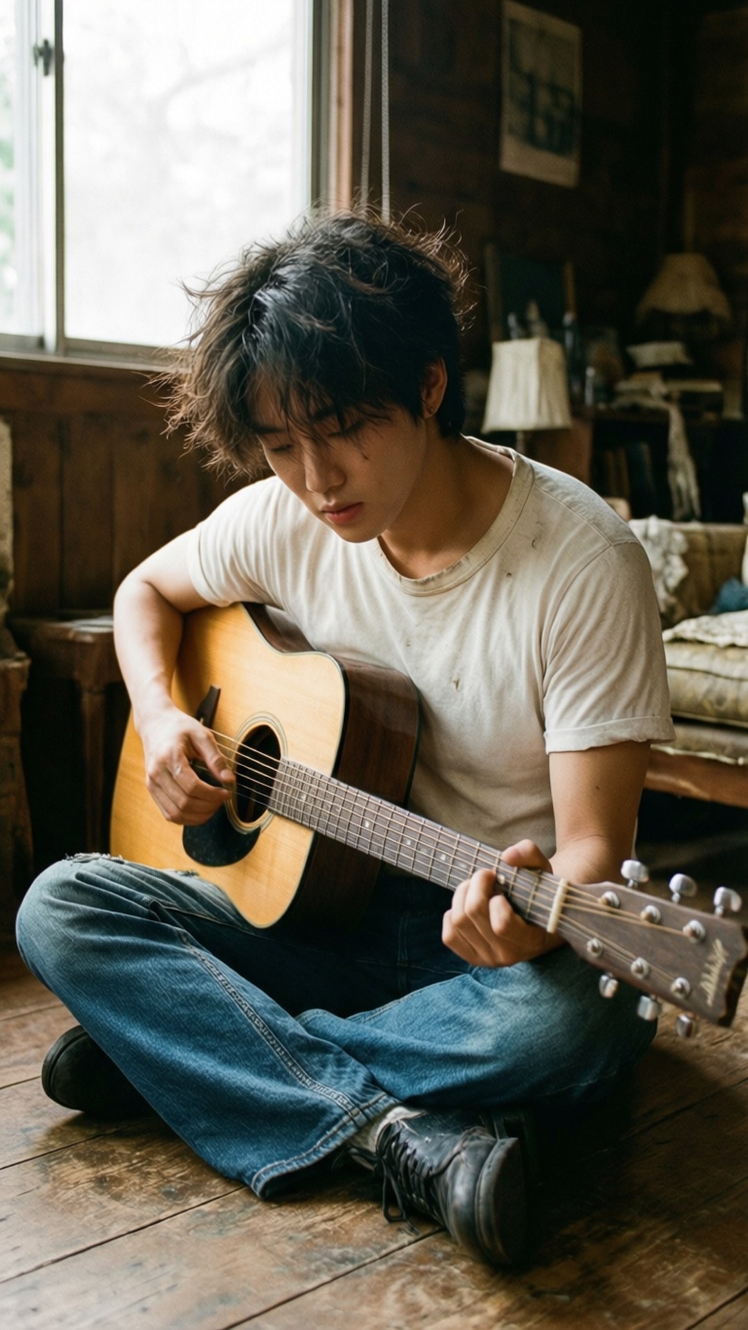 Acoustic Session 壁紙 — 一個頭髮凌亂的年輕人盤腿坐在木地板上，在鄉村風格的房間裡靠近窗戶彈奏木吉他。