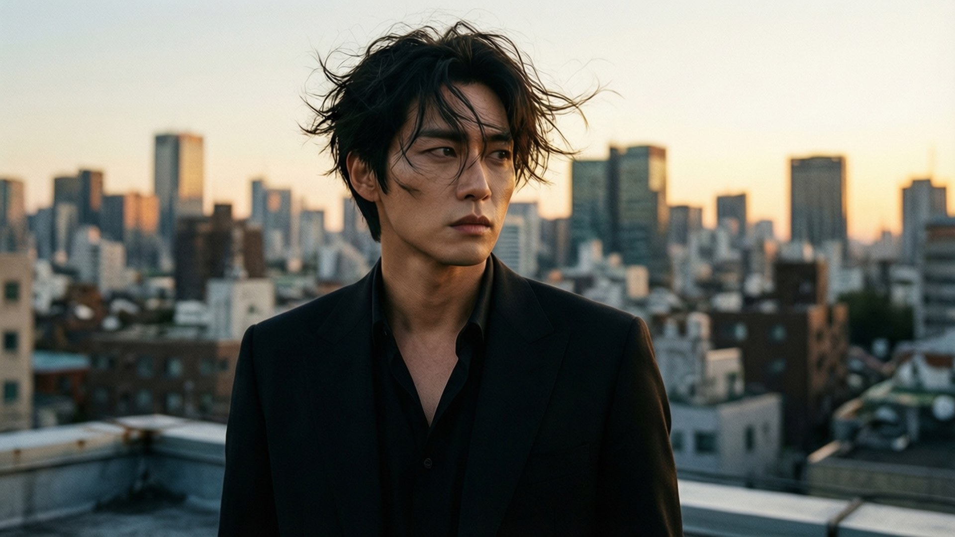 Rooftop Elegance 壁紙 — 一個頭髮凌亂的深色頭髮男子站在屋頂上，俯瞰著黃金時段廣闊的城市景觀。