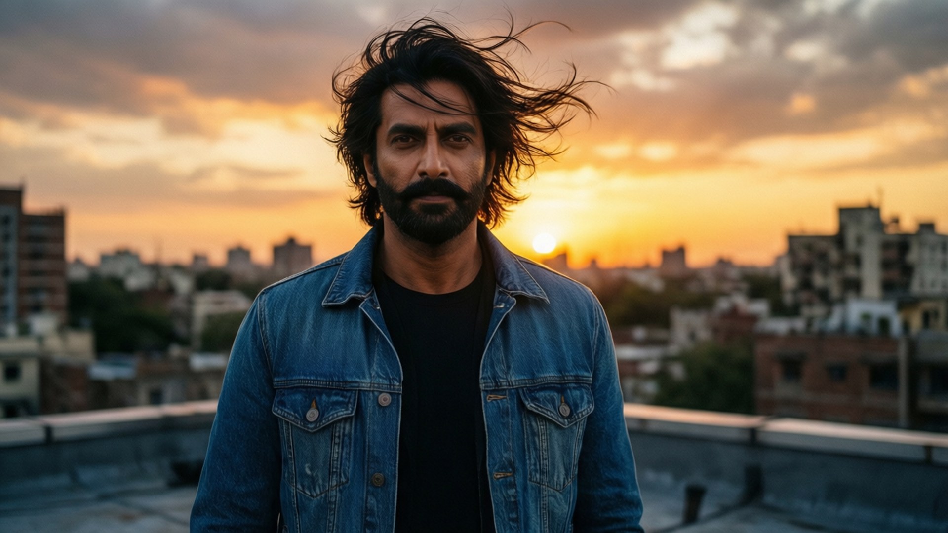 Rooftop Sunset 壁紙 — 一個頭髮蓬亂、留鬍子的男人站在日落時分的屋頂上，穿著牛仔外套，背景是城市天際線。