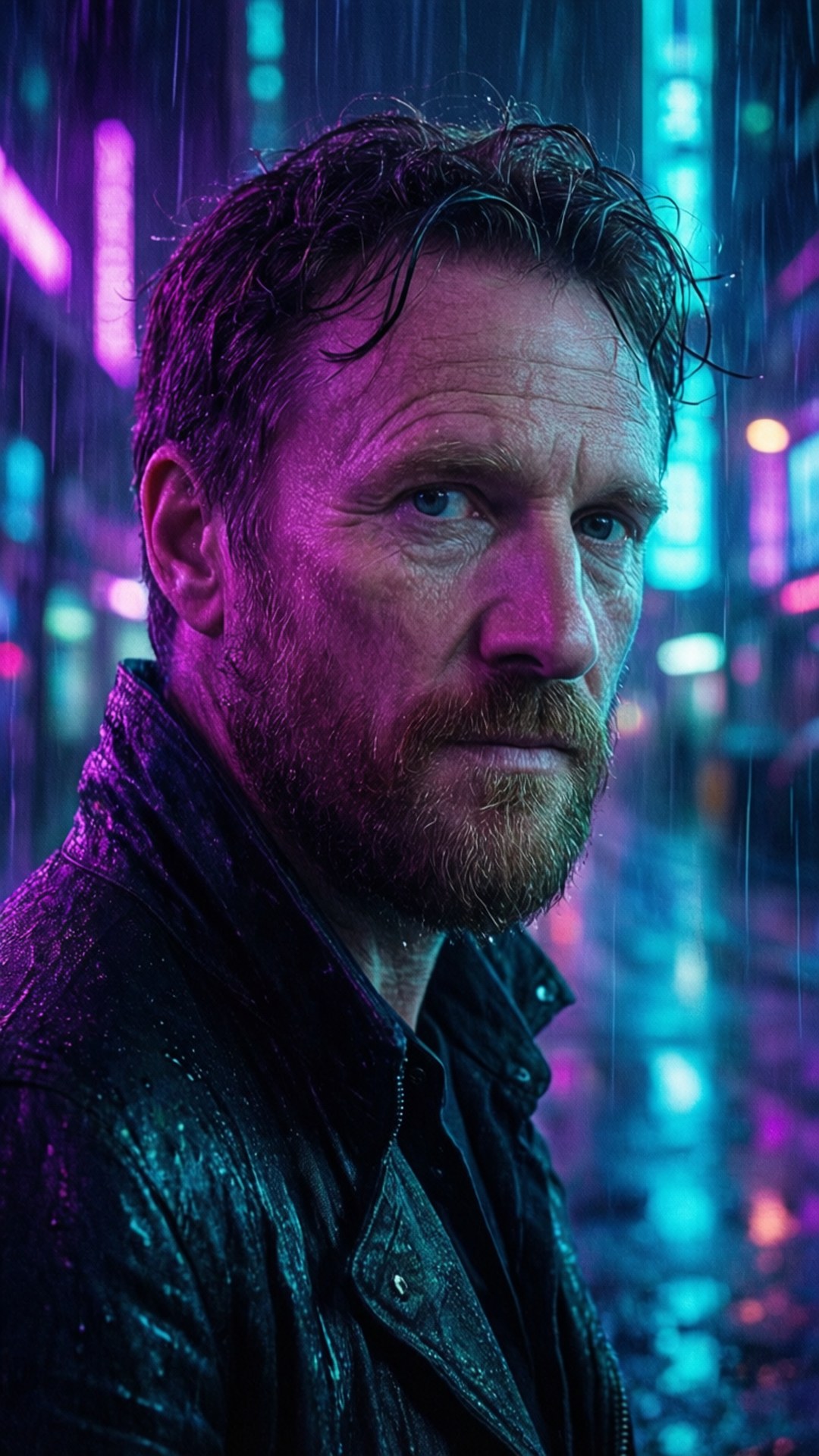 Neon Cyberpunk 壁紙 — 一個頭髮濕透、留鬍子的男人，在雨淋的霓虹城市景觀中凝視，散發著紫色和藍色的光芒。