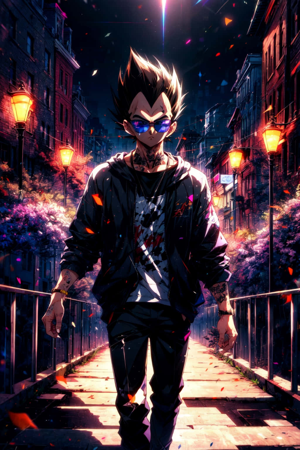  壁紙 — 一個頭髮豎起的動漫角色戴著太陽眼鏡，在夜晚自信地走在一條霓虹燈照亮城市的橋上，周圍有彩色的樹葉飄落。