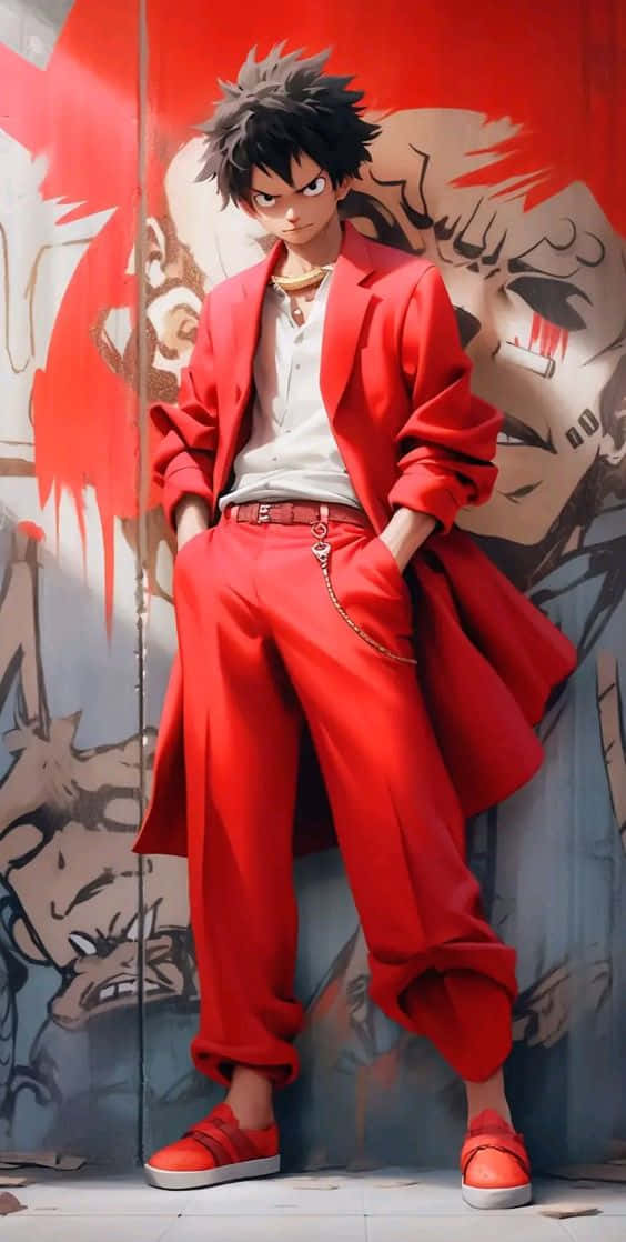  壁紙 — 一個頭髮豎起的動漫男孩，穿著大膽的紅色西裝，靠在一面塗鴉牆上，眼神凌厲。