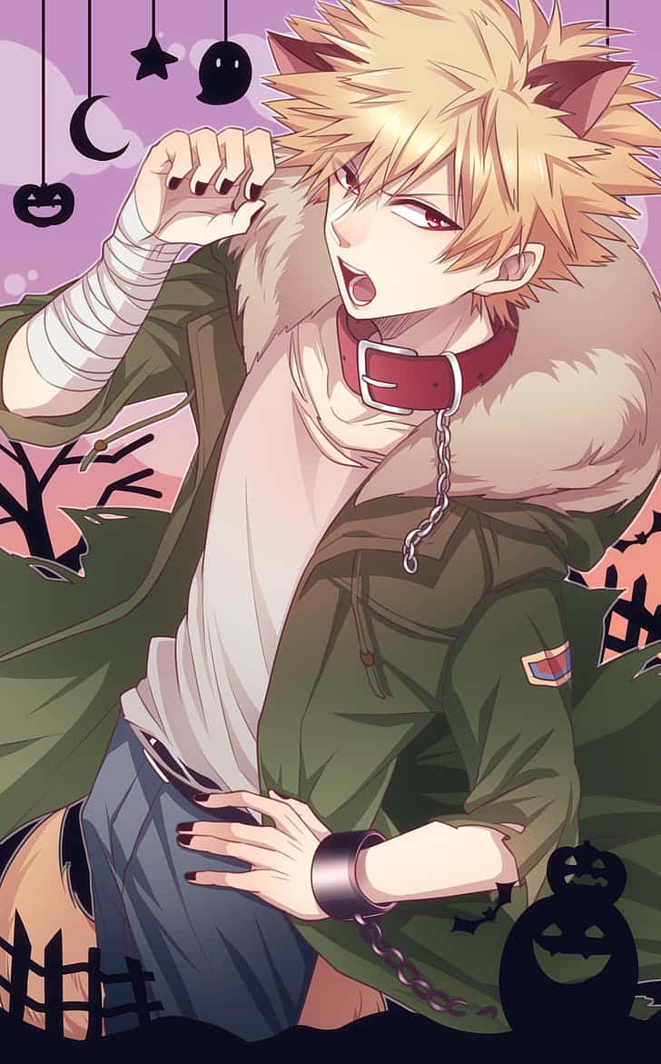  壁紙 — 一個頭髮豎起的動漫男孩，戴著貓耳和紅色項圈，坐在一個掛著南瓜燈和彎月的主題場景中。